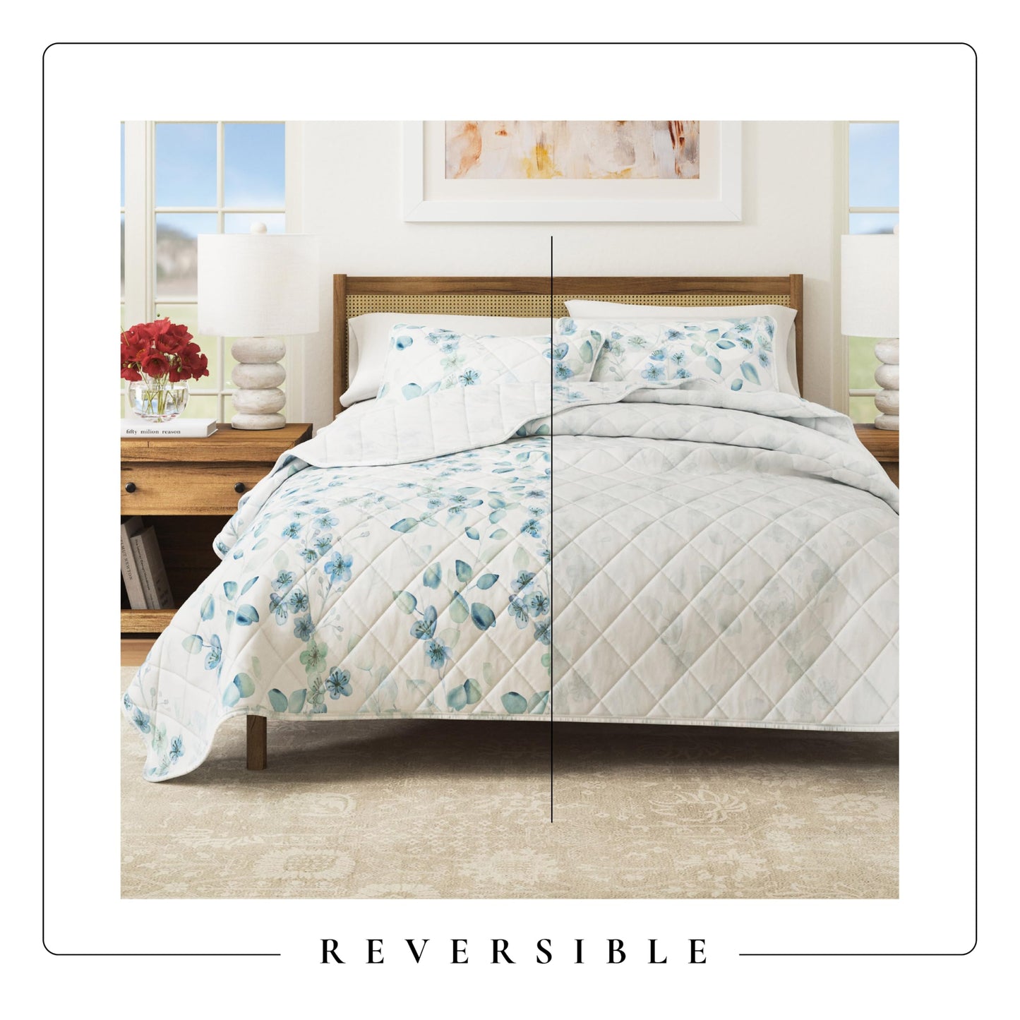 Great Bay Home Floral Quilt Set - 3-Piece Full/Queen Size Spring Bedding Set - Lightweight, All-Season, Reversible Bedspread (Blue/Green)