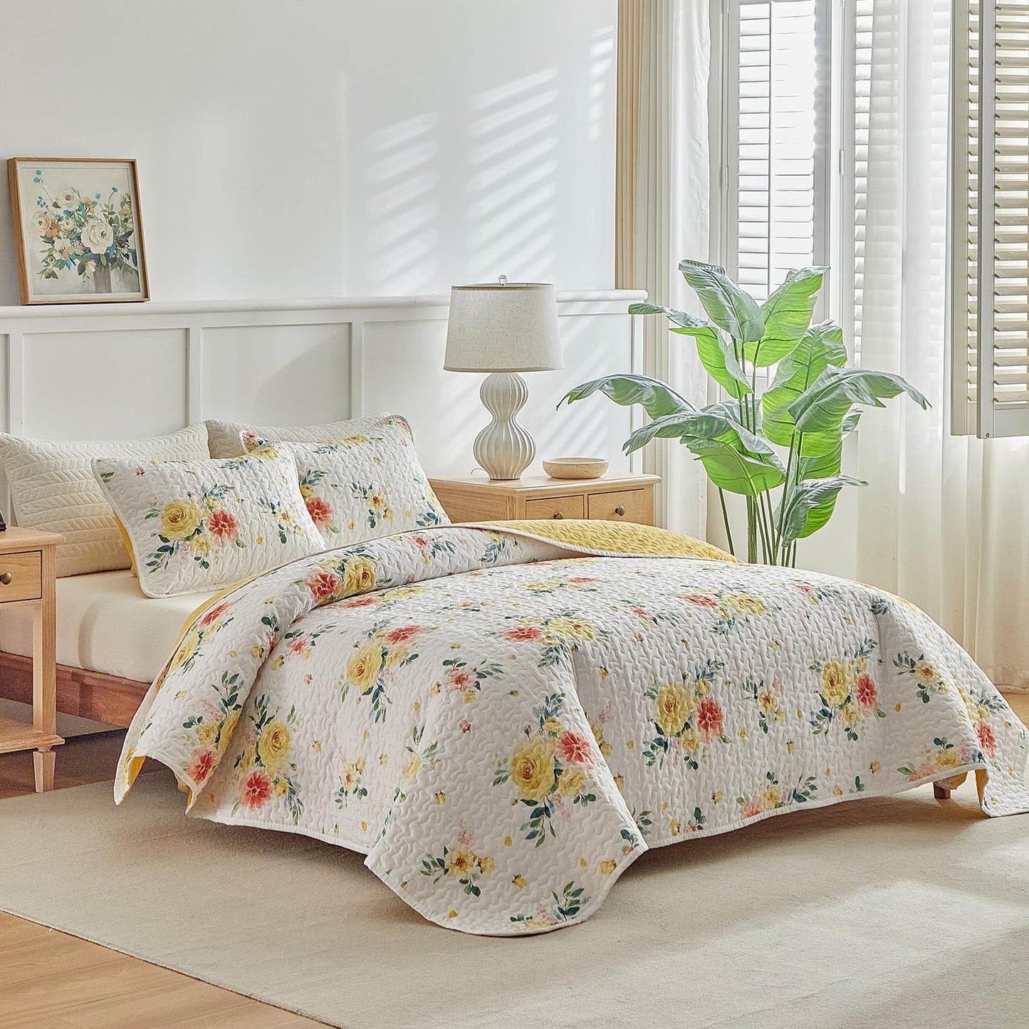 Floral Quilt Set 3 Pieces Queen Size White Orange Yellow Flower with Green Leaves Soft Microfiber Lightweight Summer Reversible Coverlet Bedspread for All Season -1 Quilt 88*88 + 2 Pillow Shams
