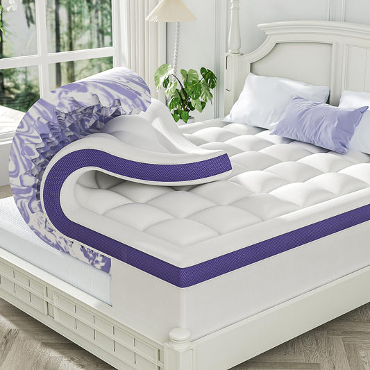 ChiXpace Dual Layer 4 Inch Memory Foam Mattress Topper Queen - 2 Inch Gel Memory Foam and 2 Inch Pillow Top Mattress Pad, 7-Zone Egg Crate 2-in-1 Design (White)