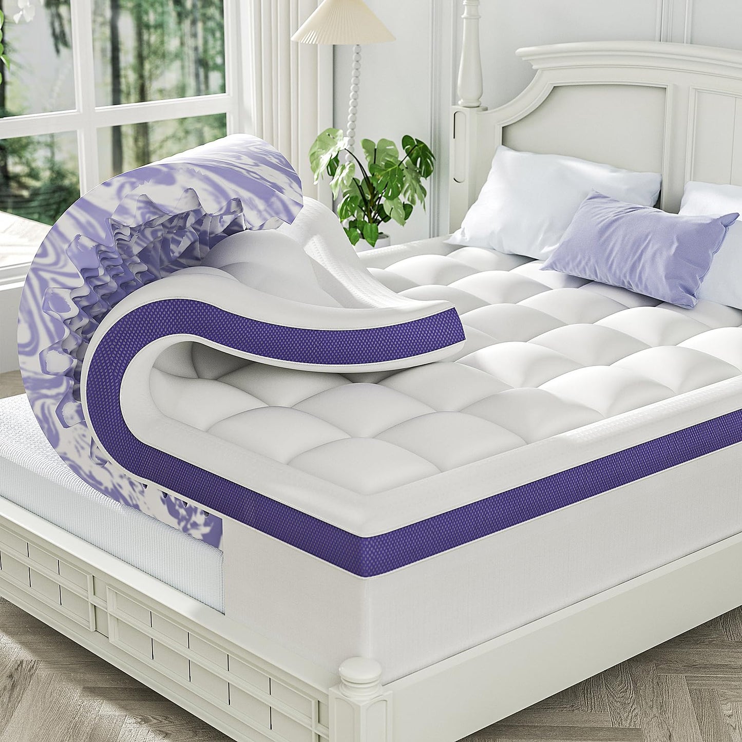 ChiXpace Dual Layer 4 Inch Memory Foam Mattress Topper King - 2 Inch Gel Memory Foam and 2 Inch Pillow Top Mattress Pad, 7-Zone Egg Crate King Size Mattress Topper(White)