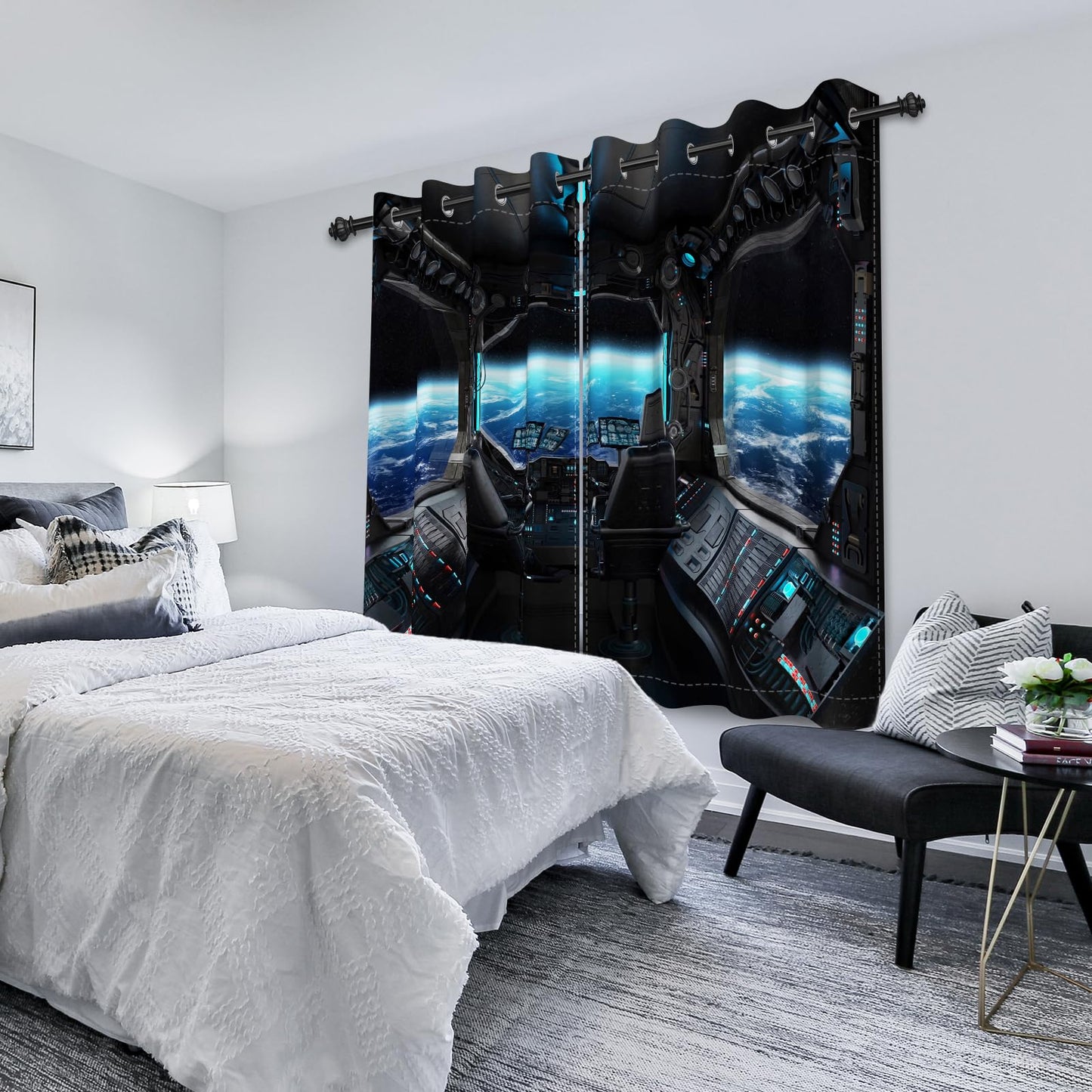Renaiss Spacecraft Interior Window Curtains Futuristic Spaceship Cockpit Window Treatments Outer Space Earth View Blackout Drapes for Bedroom Living Room French Door Decor 42x84 Inches x 2 Panels