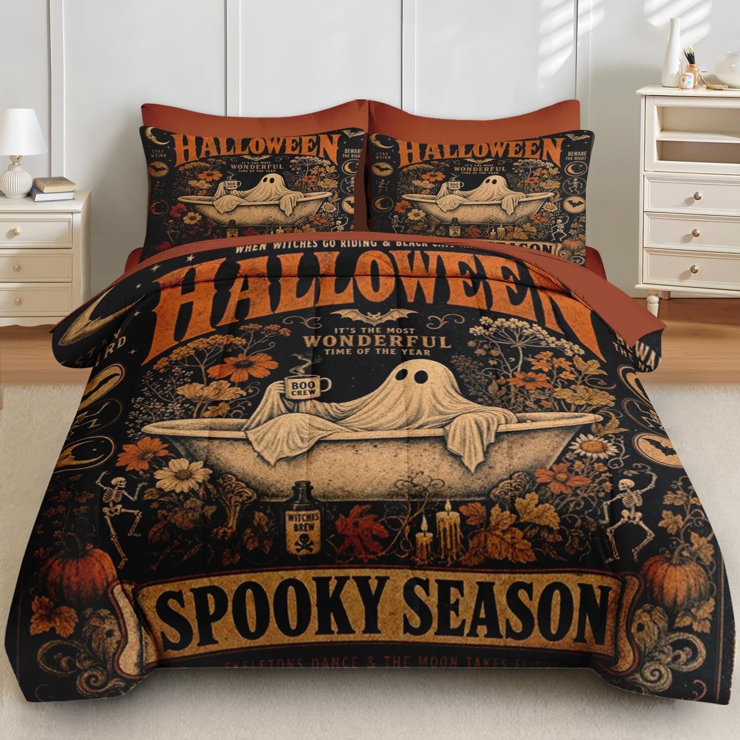 Boewywh Comforter Set Twin Size Halloween Ghost Spooky 7 Pcs, Bedding for Kids and Adults, Bed Sheet Sets with Fitted Sheet 2 Pillowcases & 2 Shams for Bedroom Bed Decor
