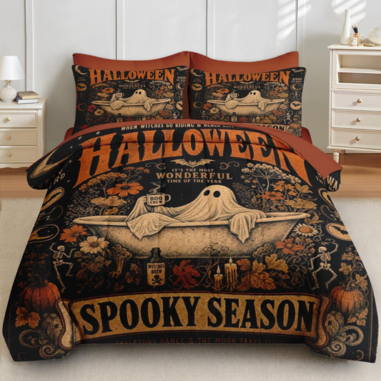 Boewywh Comforter Set Twin Size Halloween Ghost Spooky 7 Pcs, Bedding for Kids and Adults, Bed Sheet Sets with Fitted Sheet 2 Pillowcases & 2 Shams for Bedroom Bed Decor