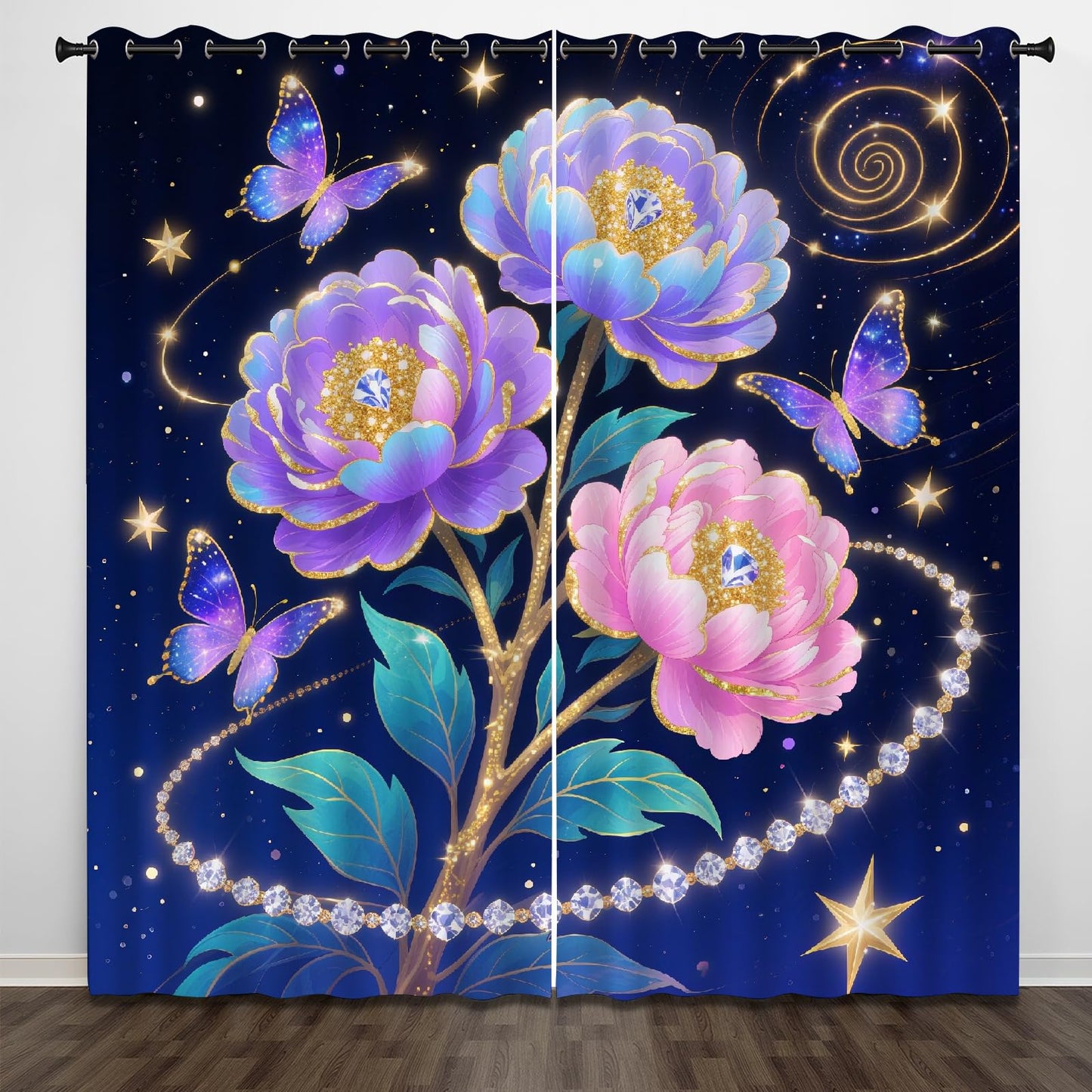 Shiny Fantasy Flowers Blackout Curtains, Flying Beautiful Butterfly 3D Print Pattern Curtain, 2 Panels Thermal Insulated Top Grommet Darkening Drapes for Living Room Bedroom(84" W x 84 "L)