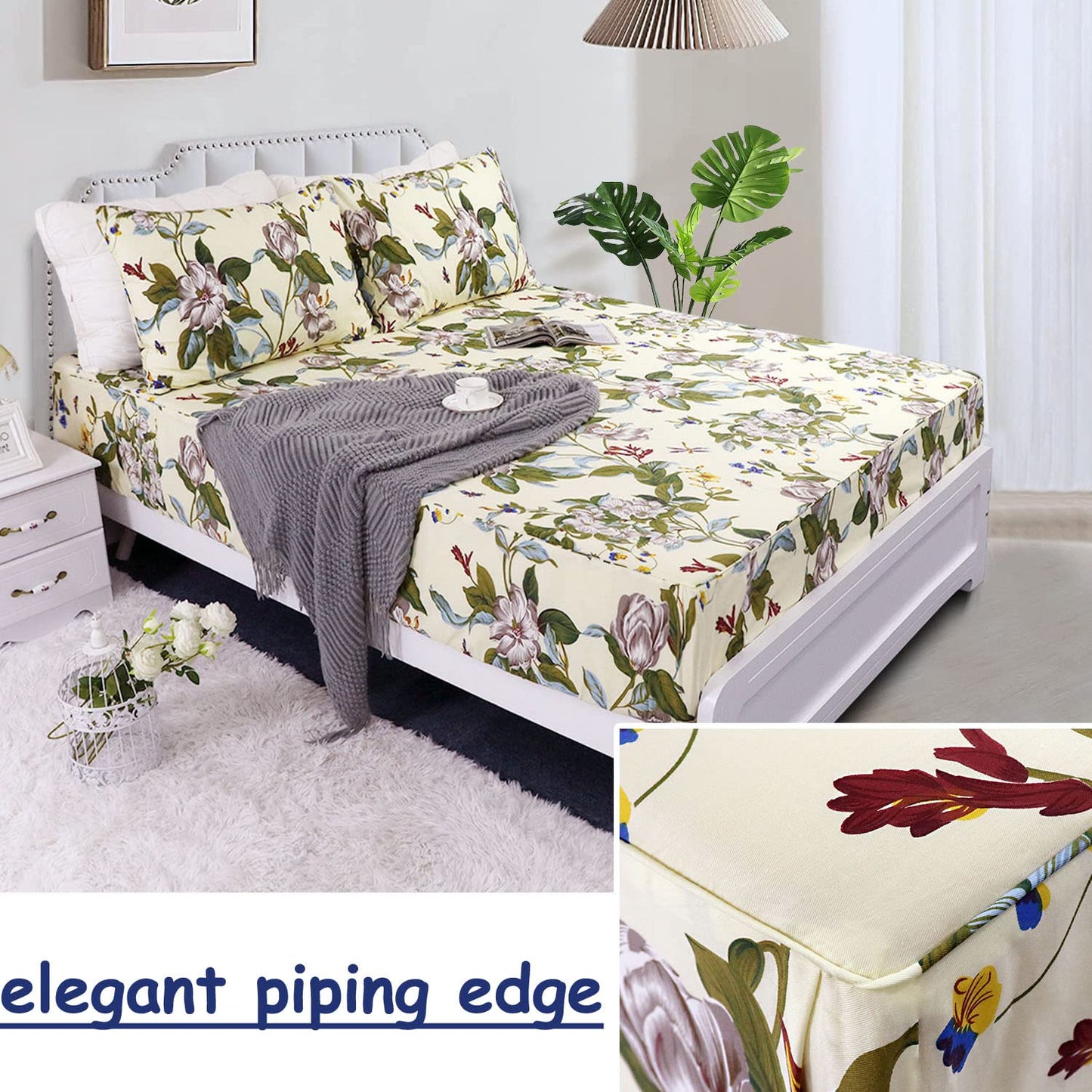 FADFAY Shabby Floral Sheets California King 100% Cotton 600 TC White Flower and Green Leaves Bedding Vintage Garden Botanical Print Country Side Bed Sheet Soft Hypoallergenic Deep Pocket Sheet 17.5''