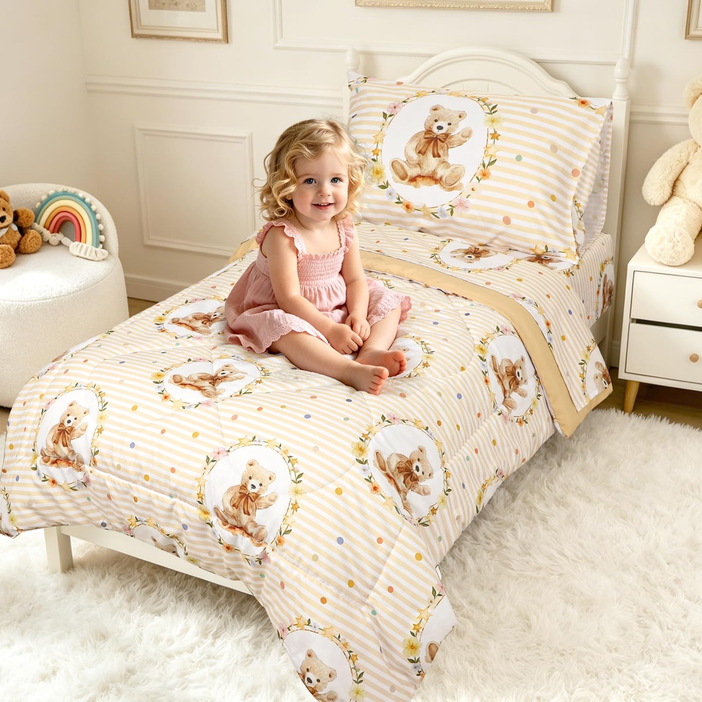 Hooyax Toddler Bedding Set 4-Piece with Polka Dot Bear Pattern – Cute Toddler Comforter Set for Girl – Includes Ultra-Soft Comforter, Fitted Sheet, Flat Sheet & Pillowcase for All Season