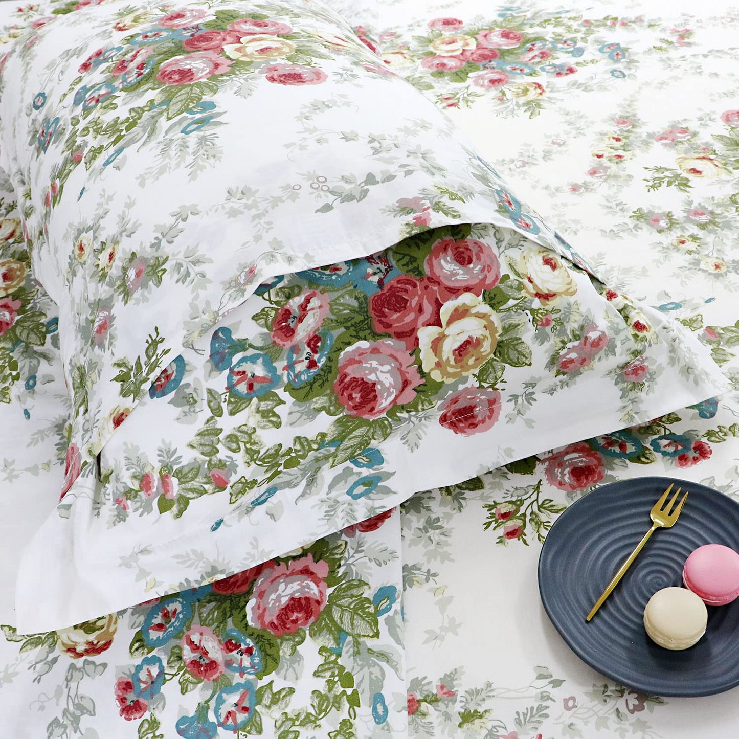 FADFAY Sheet Set Cal King Vintage Rose 100% Cotton Hypoallergenic White and Grey Deep Pocket Fitted Sheet 4-Pieces Cal King