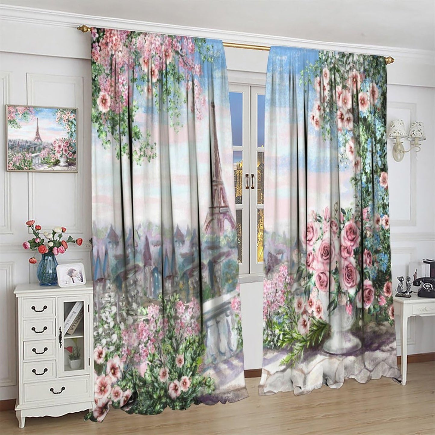Flower Eiffel Tower Curtains Cherry Blossoms Pink Rose Romantic Paris Cityscape Fashion Building Rod Pocket Window Treatments for Girl Women Aldult Bedroom Living Restaurant Drapes 41" W X 45" L