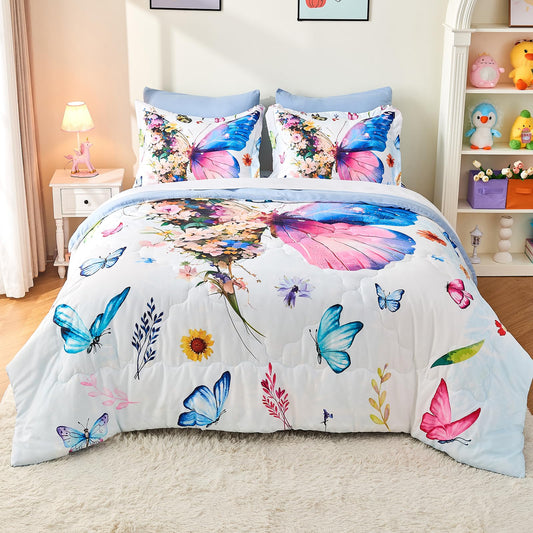 Jameswish 7 Piece Butterfly Comforter Set Full Size 3D Colorful Floral Butterflies Bedding Set for Kids Girls Women for Birthday
