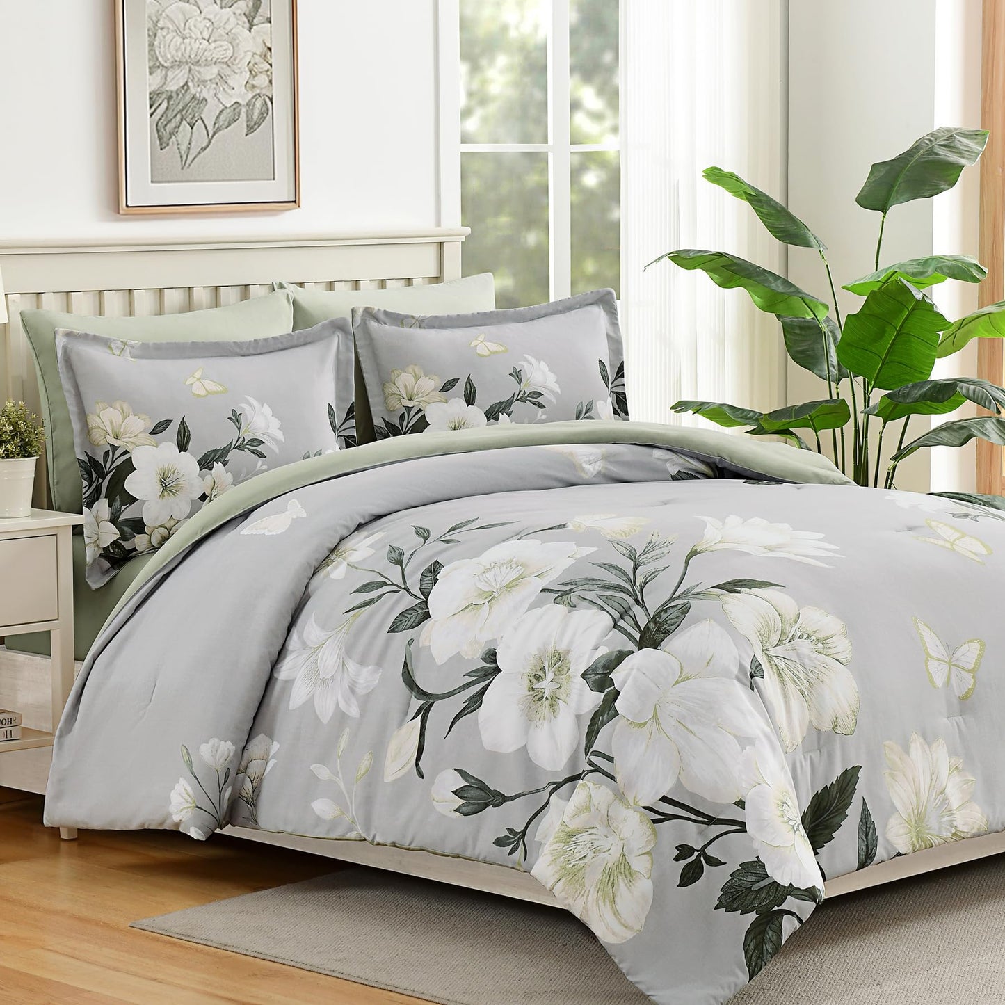 DHSFKBE Floral Comforter Set Queen Size,7 Piece Sage Green Bed in a Bag, Elegant Flower Pattern Comforter Set with Sheet, Soft Microfiber Complete Bedding Sets for All Season