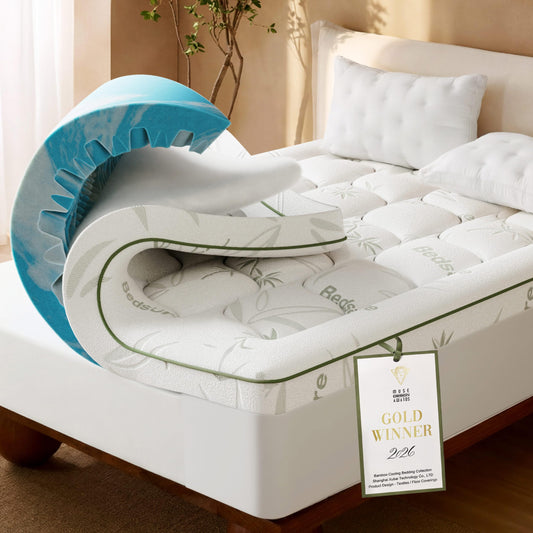 Bedsure 2-in-1 Mattress Topper, 5 Inch Memory Foam Mattress Topper Queen, 3 Inch Memory Foam + 2 Inch Viscose Made from Bamboo Mattress Topper Pad Cover, Flippable Memory Foam with Dual Comfort, White