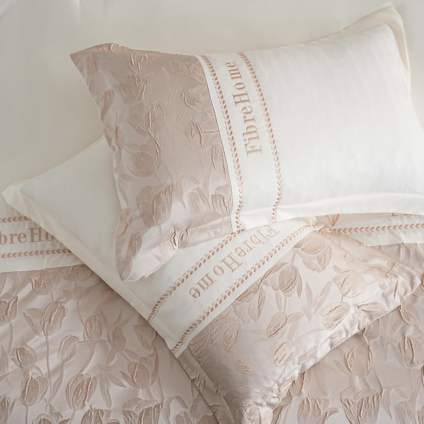 Queen Bed in a Bag 6-Pieces Jacquard Embroidery Splicing Design Tulip Flowers Bedding Set Beige and Champagne Comforter Set Durable and Super Soft Microfiber Comforter for All Season (fd002-Queen)