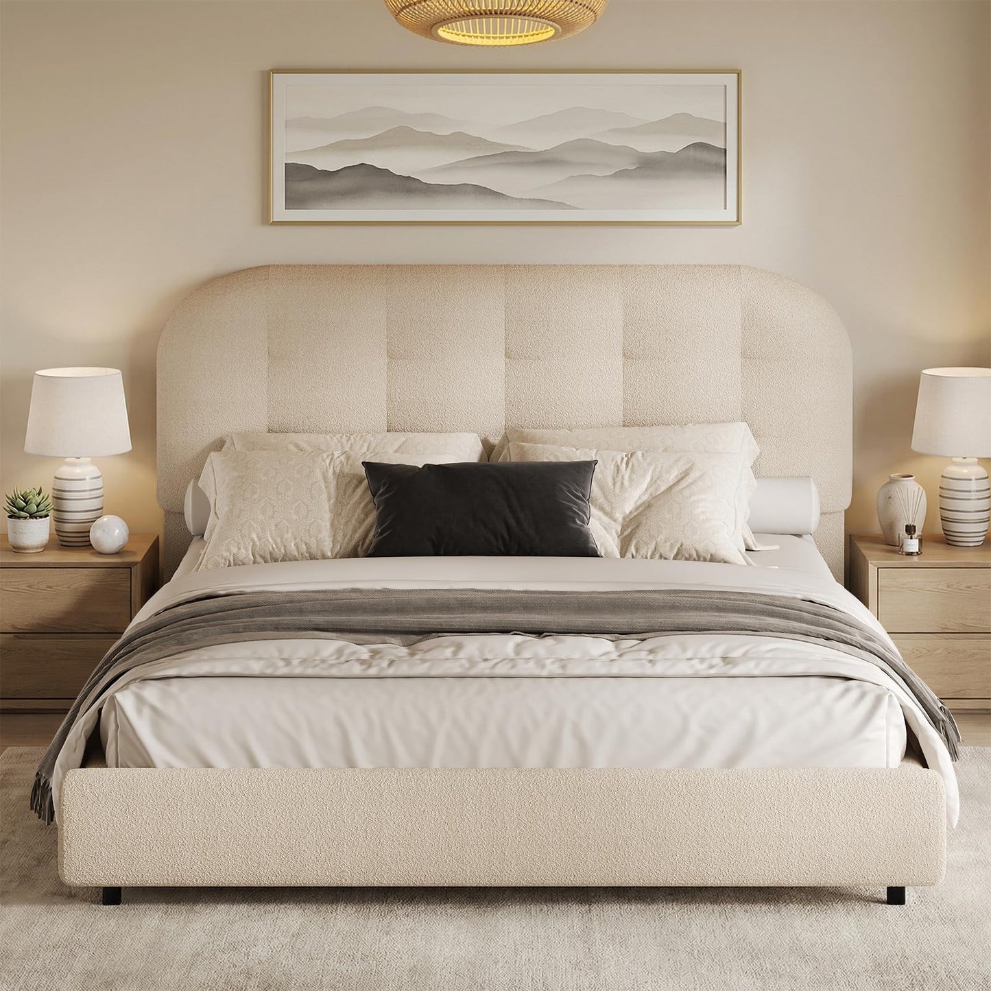 BarnFurin Full Size Bed Frame, Boucle Upholstered Platform Bed with Headboard, Cloud Bed Frame, Soft Rounded Corners, No Box Spring Required, Easy Assembly, Cream