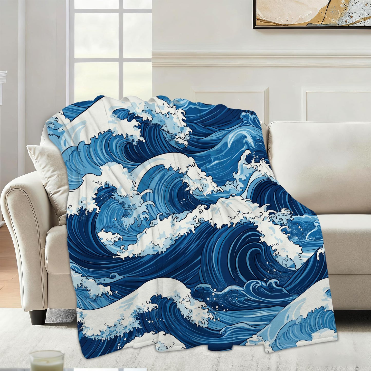 Blue Ocean Wave Sofa Throw Blankets,Vintage Japanese Soft Cozy Fuzzy Lightweight Travel Blanket,Flannel Fleece Fall Throw Blanket for Couch,Bed,Camping,Movie Nights,Watching TV 50 X 60 Inch
