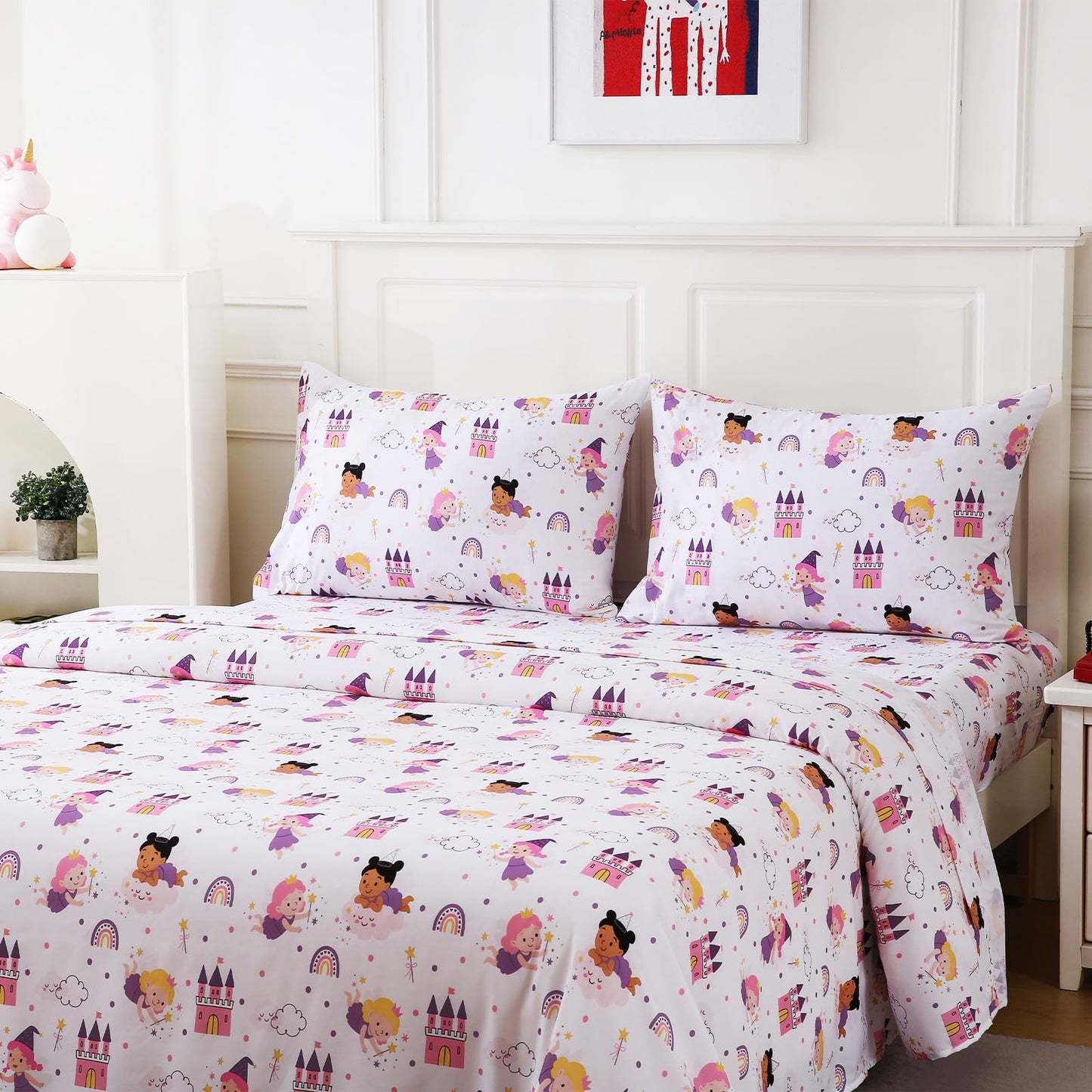 MCO Fairy Castle Kids Full Size Bed Sheets, Soft Microfiber 4 Pieces Breathable Bed Sheet Set for Boys and Girls