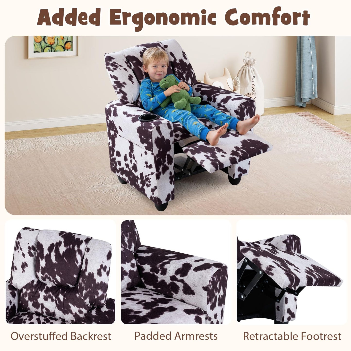 GLACER Kids Recliner with Cup Holder, Velvet Toddler Lounge Chair w/Adjustable Backrest & Footrest, Spring-Loaded Seat Cushion, Push Back Toddler Sofa for Boys & Girls Ages 3+ Years Old (Cow)