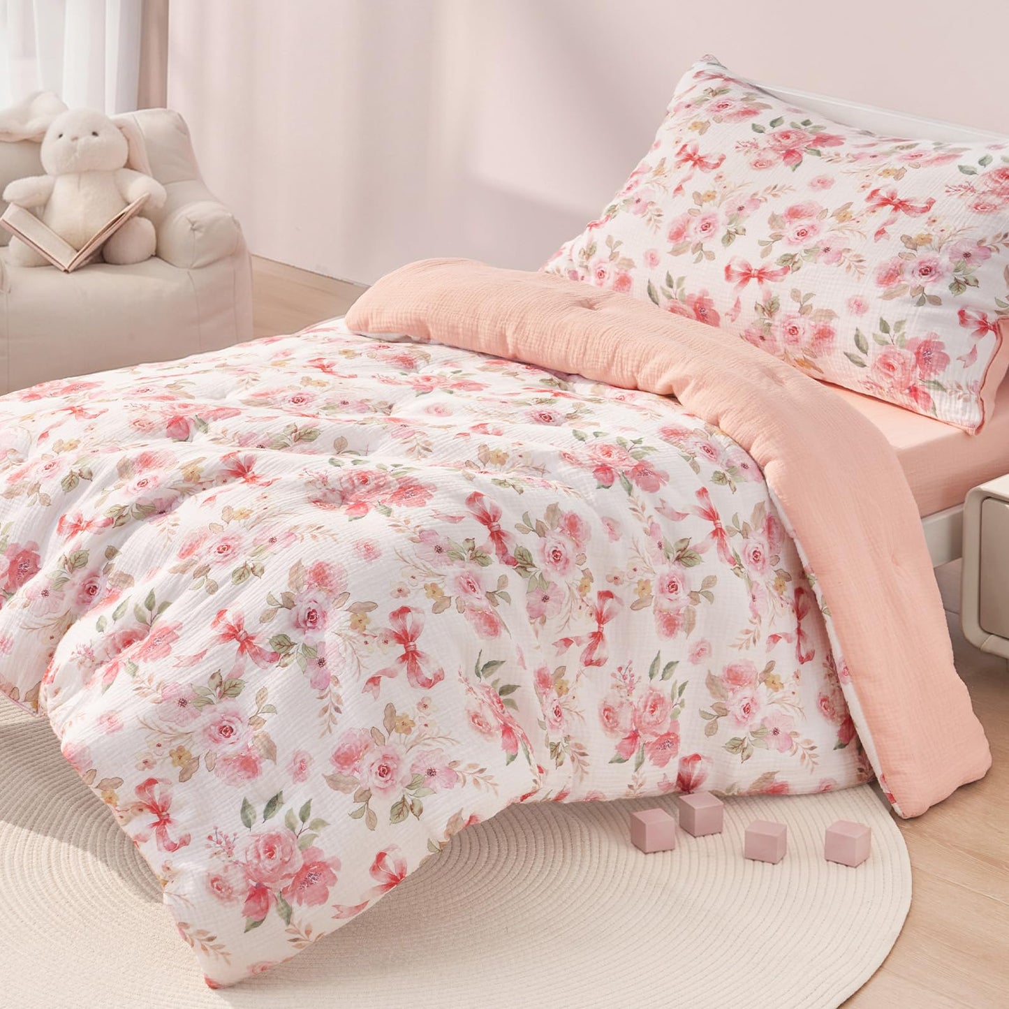 PHF Cotton Muslin Toddler Bedding Set, Soft 3 Piece Toddler Comforter Kids Bed Set, Pink Flower Bow Bedding Set for Girls