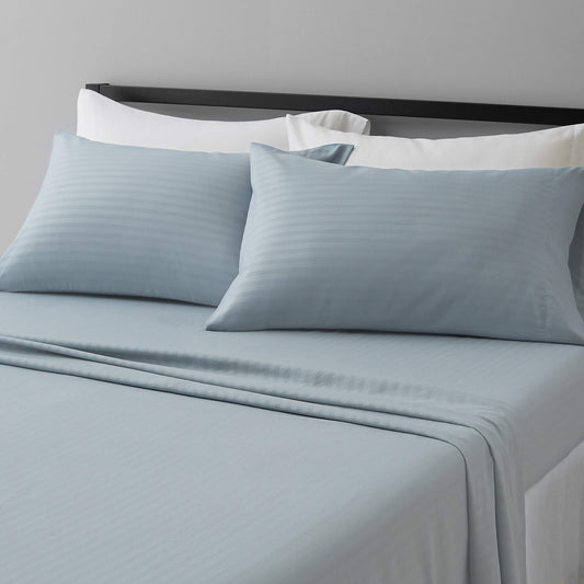 Amazon Basics Deluxe Breathable Wrinkle Resistant Brushed Microfiber Polyester Bed Sheets, 4-Piece, Full, Spa Blue Striped