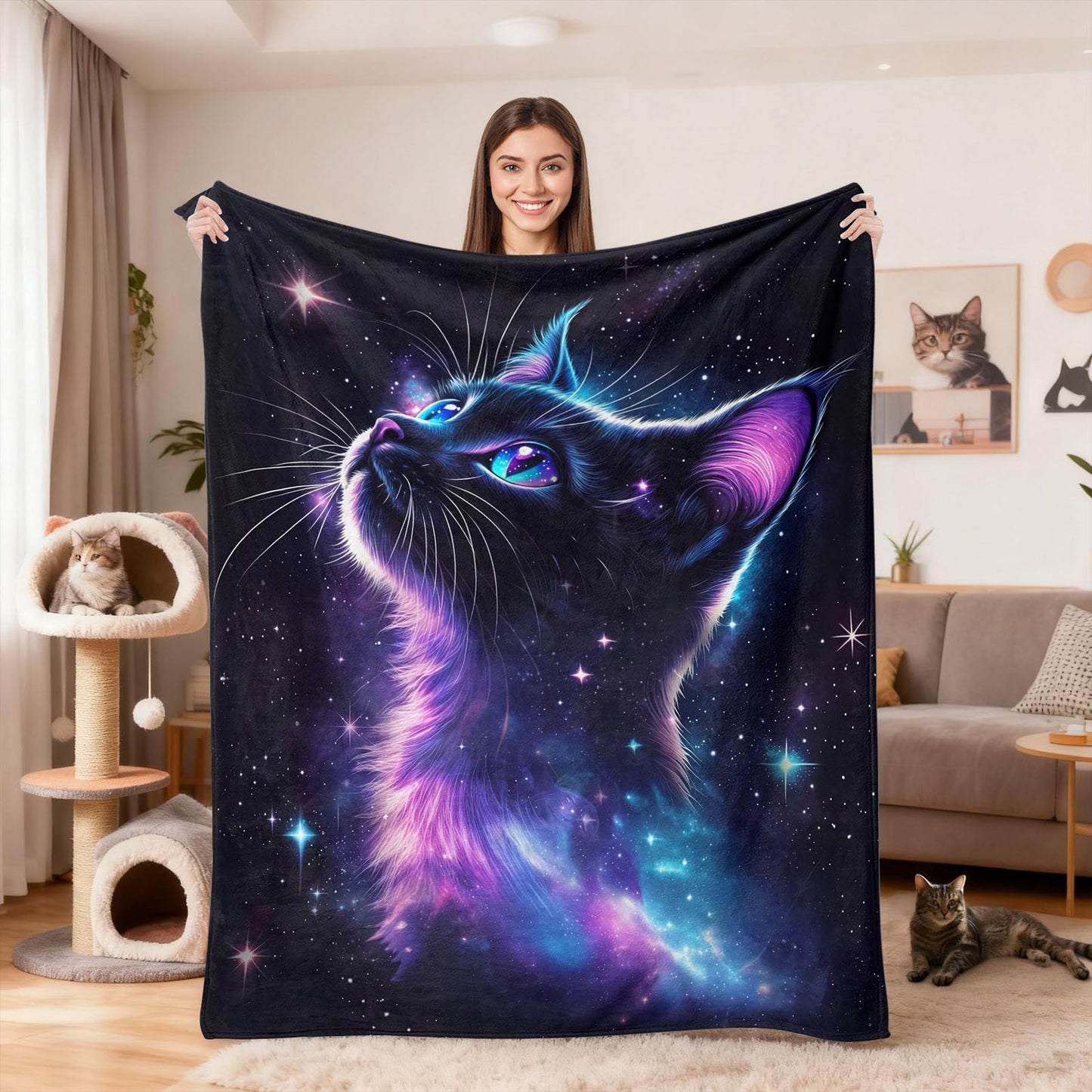 kampdream Galaxy Space Cat Flannel Blanket, Nebula and Starry Night Sky, Super Soft and Warm Couch Sofa Living Room Cute Decor Ideal Gift for Teens Girls 50×60 inch