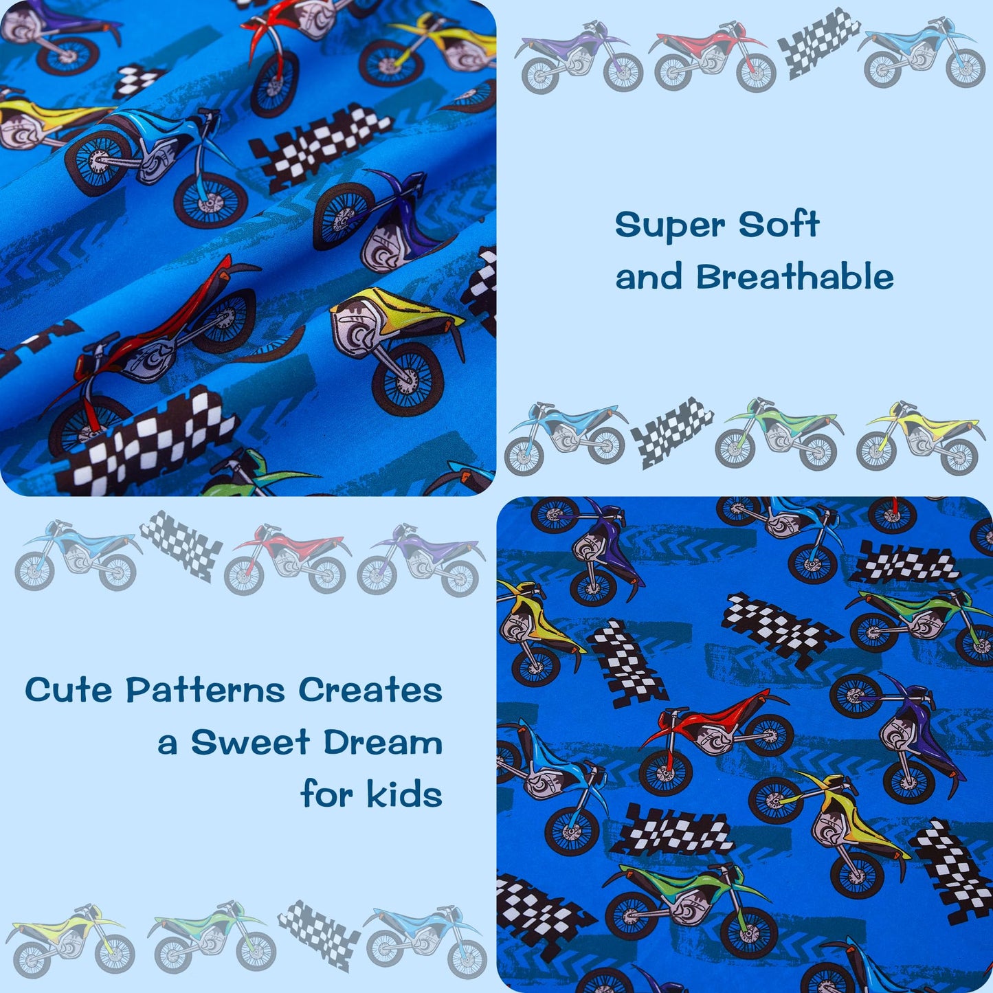 lasoftan Kids Sheet Set Twin Size, Twin Sheet Set with Motorcycle Pattern，Breathable Silky Soft Microfiber Kids Fitted Sheet