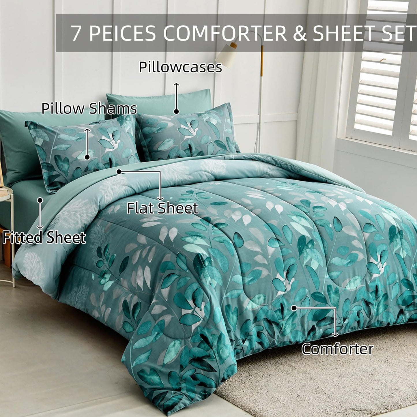 Anibedding Aqua Comforter Set Queen Size, 7 Pieces Botanical Leaves Reversible Soft Microfiber Bed in a Bag with Sheets Set All Season (90"x90")