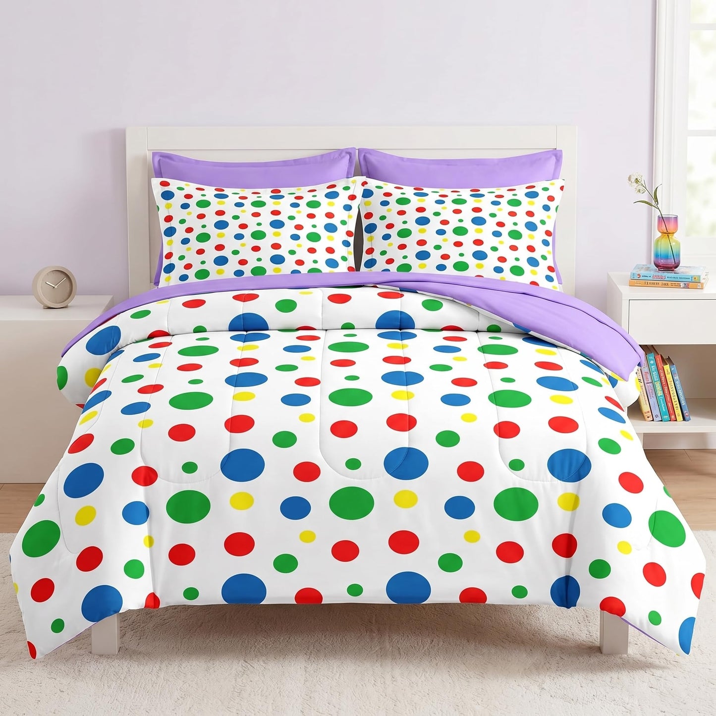 Nesker Comforter Set Queen Size, Rainbow Green Red 7 Pcs Bedding for Kids and Adults, Blue Yellow Polka Dot Bed Sheet Sets with Fitted Sheet 2 Pillowcases & 2 Shams