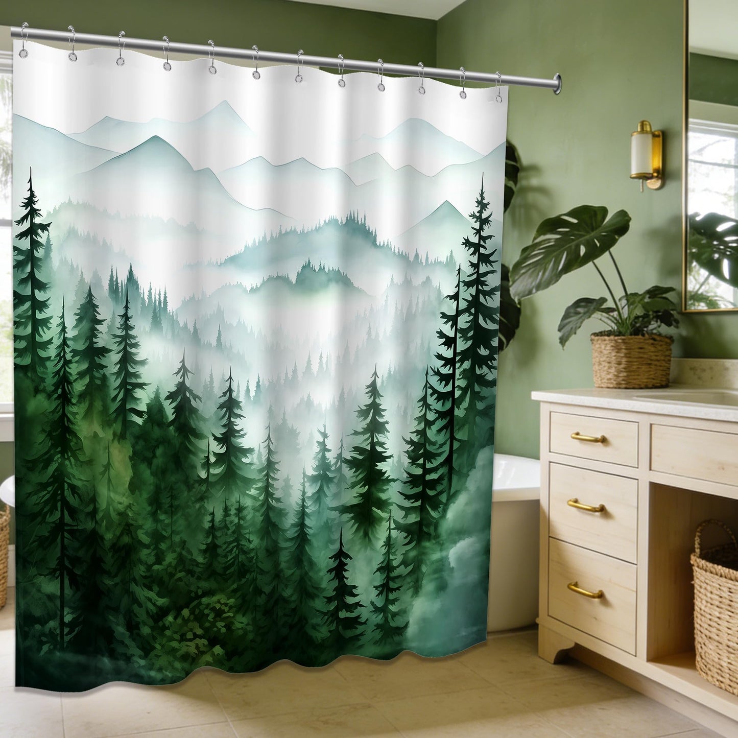 QGHOT Dark Green Forest Shower Curtain Green and White Shower Curtains for Bathroom Decor Sets, Nature Mountain Pattern, Waterproof Polyester Fabric with Hooks, 70" W x 72" L