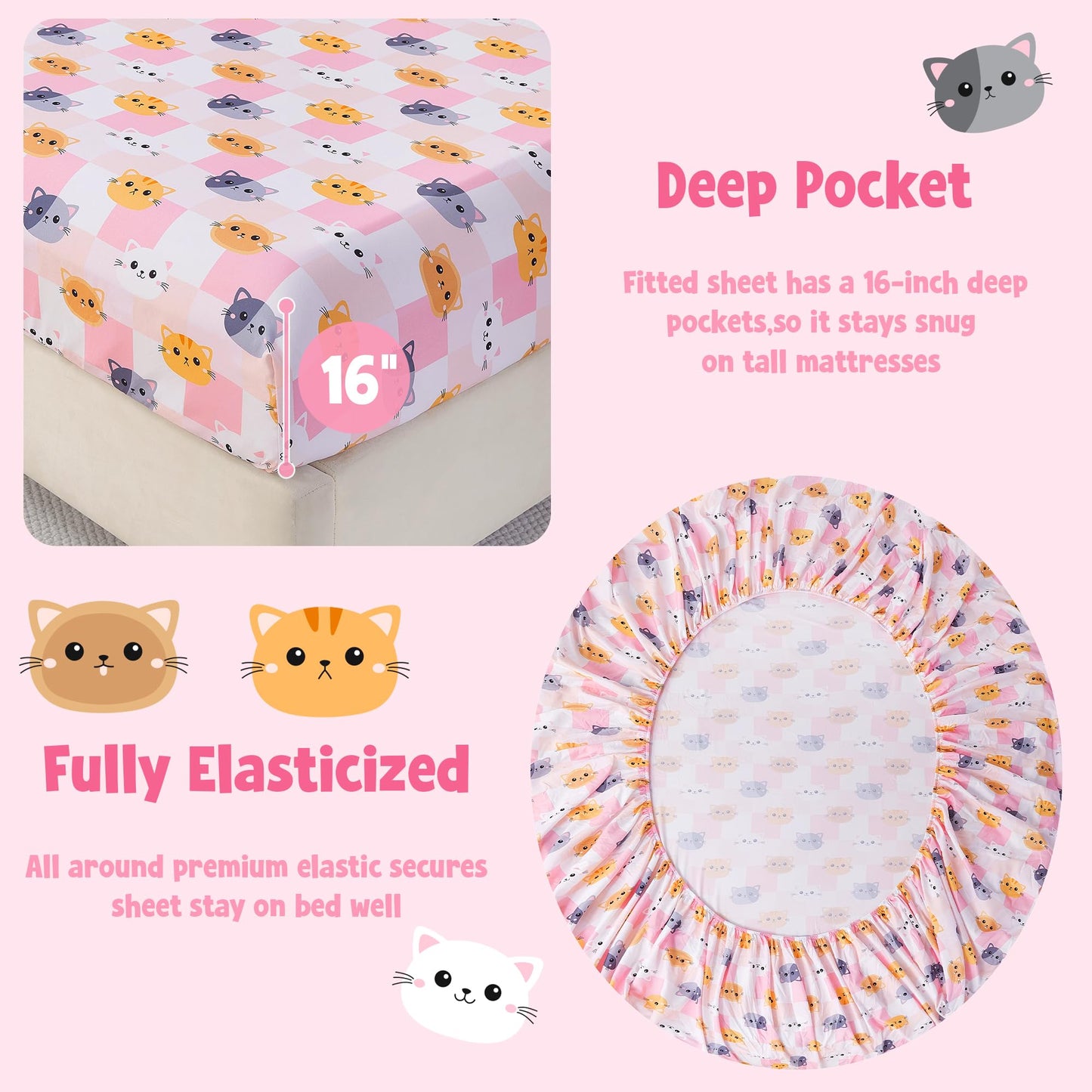 CozySmile Twin Sheet Set Kids,3 Pieces Breathable Soft Microfiber Bedsheets for Child Girls, Oeko-TEX, Anti Pilling Deep Pockets Easy Care Bed Sheets, Cat Plaid