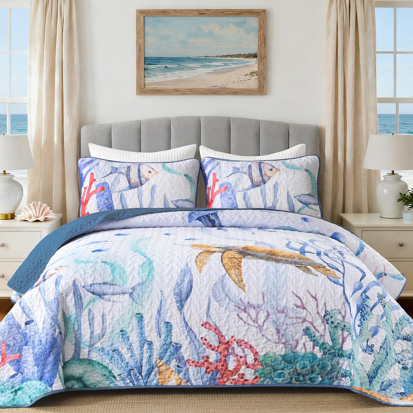 DJY King Quilt Bedding Set Size - 3 Pcs All Season Coastal Beach Ocean Lightweight Reversible Microfiber Coverlet Quilt Bedspread Queen Size Bedding with 1 Quilt, 2 Pillow Shams