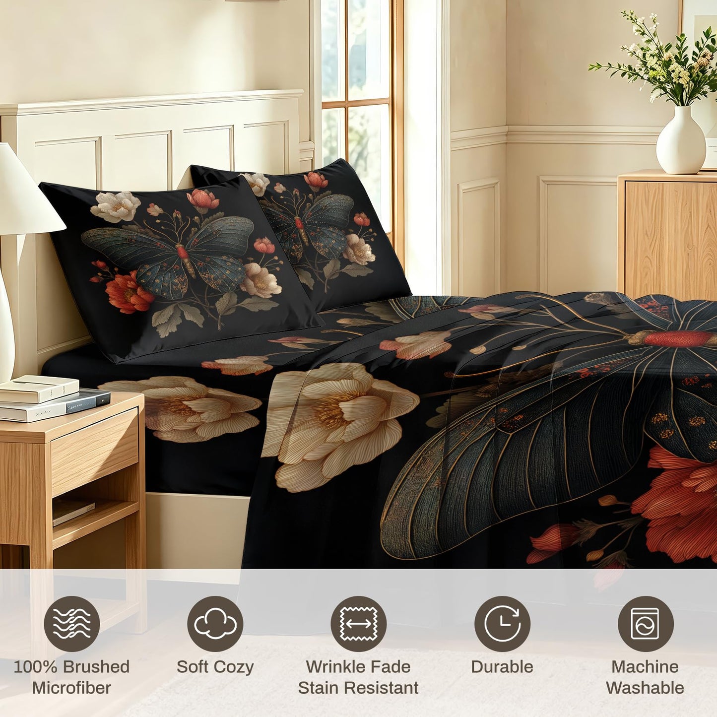 Butterfly Sheet Set, 4 Pcs Queen Size Moth Aesthetic Bed Sheets