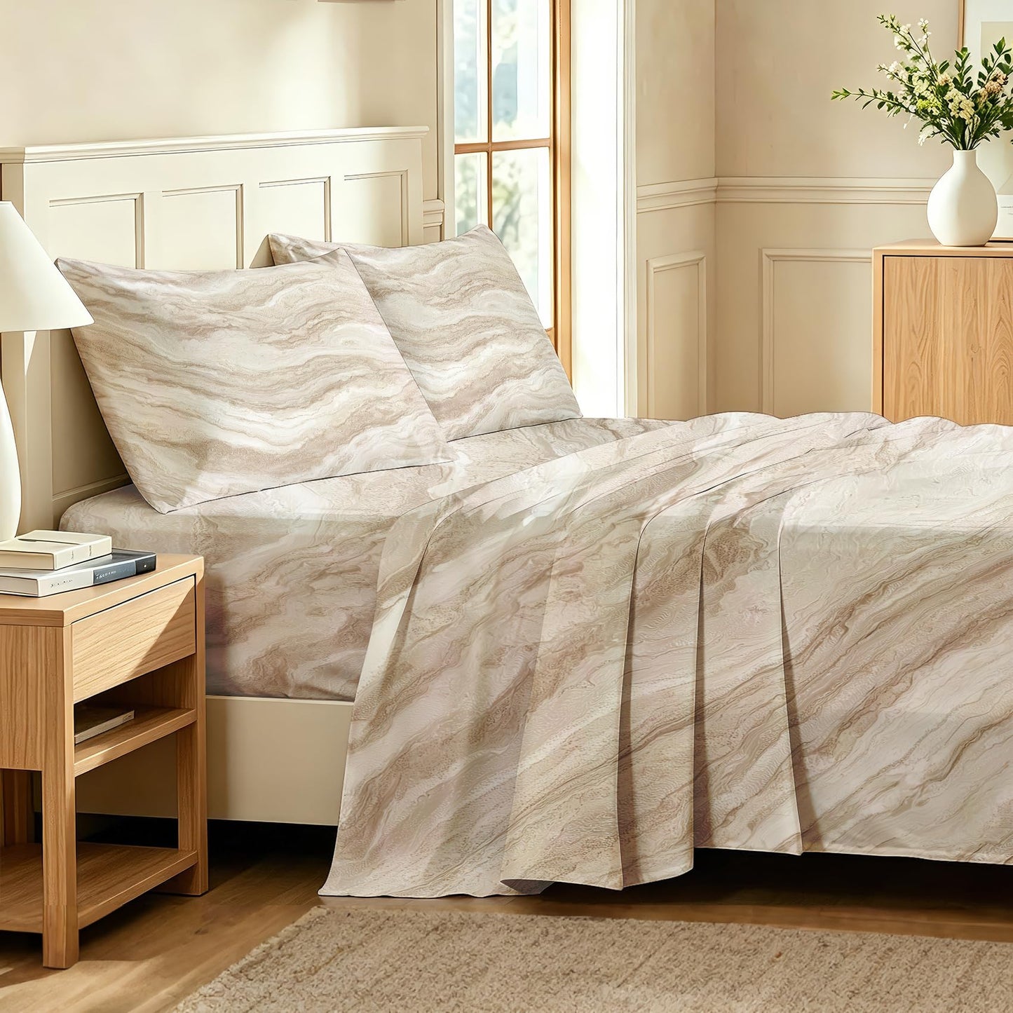Marble Sheet Set, 4 Pcs Full Size Modern Bed Sheets, Beige