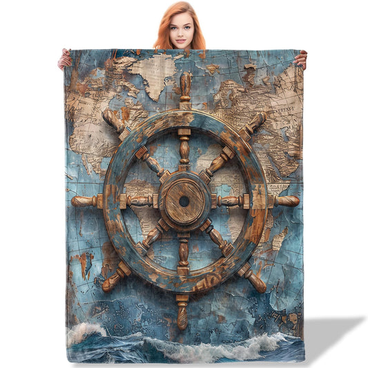 Plistiz Vintage Nautical Ship Wheel Flannel Throw Blanket for Ocean and Coastal Lovers, Lightweight Warm Soft Cozy Rustic Maritime Art Print Blankets, Couch Bed Living Room Home Decor Gifts, 50"x60"