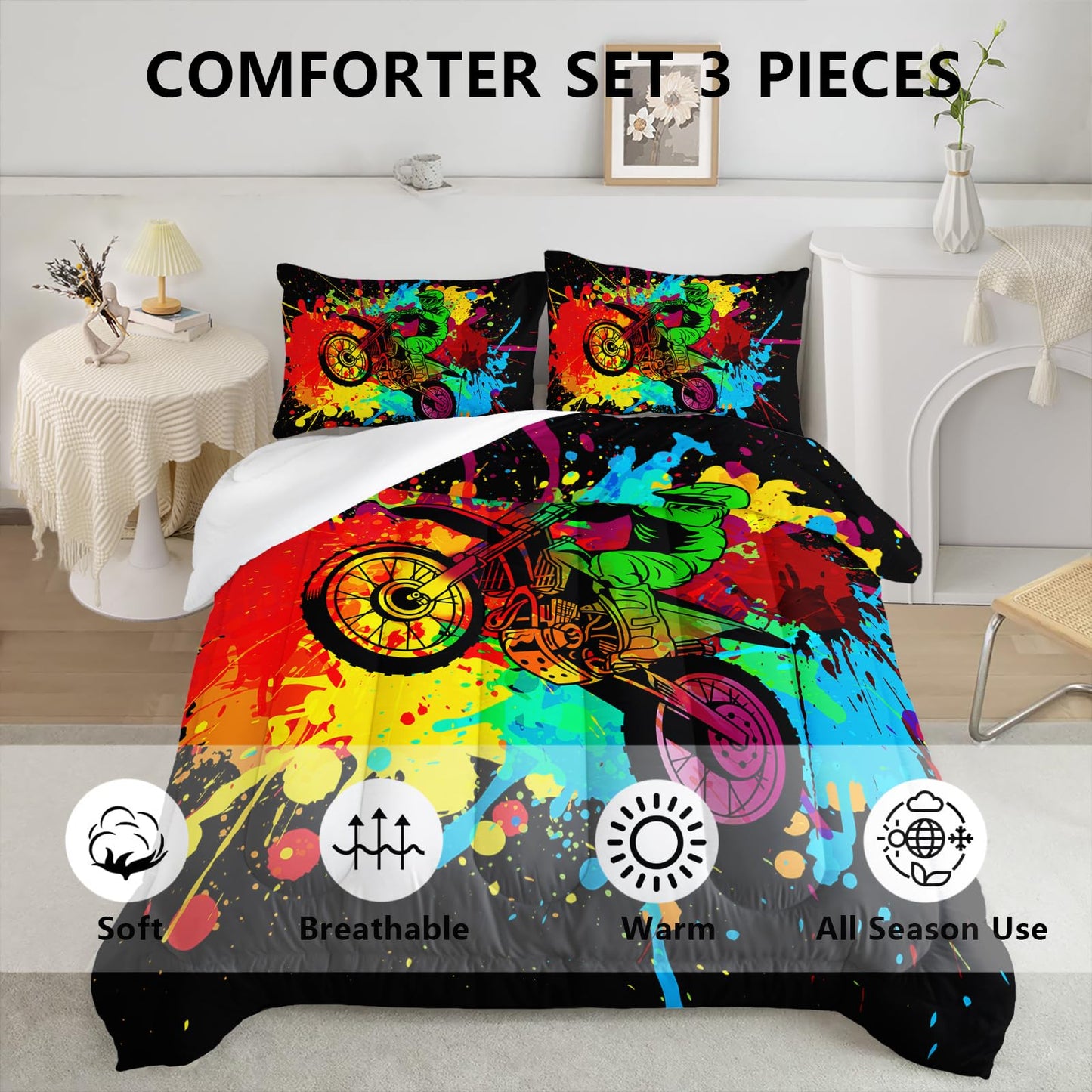 Axolotl Motocross Bedding Set Twin,Dirt Bike Comforter Set,Extreme Sports Bedding,Motorcycle Racer Comforter Set Motocross Comforter Motor Vehicles Biker for Boys Kids Teens Men,1 Quilt 2 Pillowcases