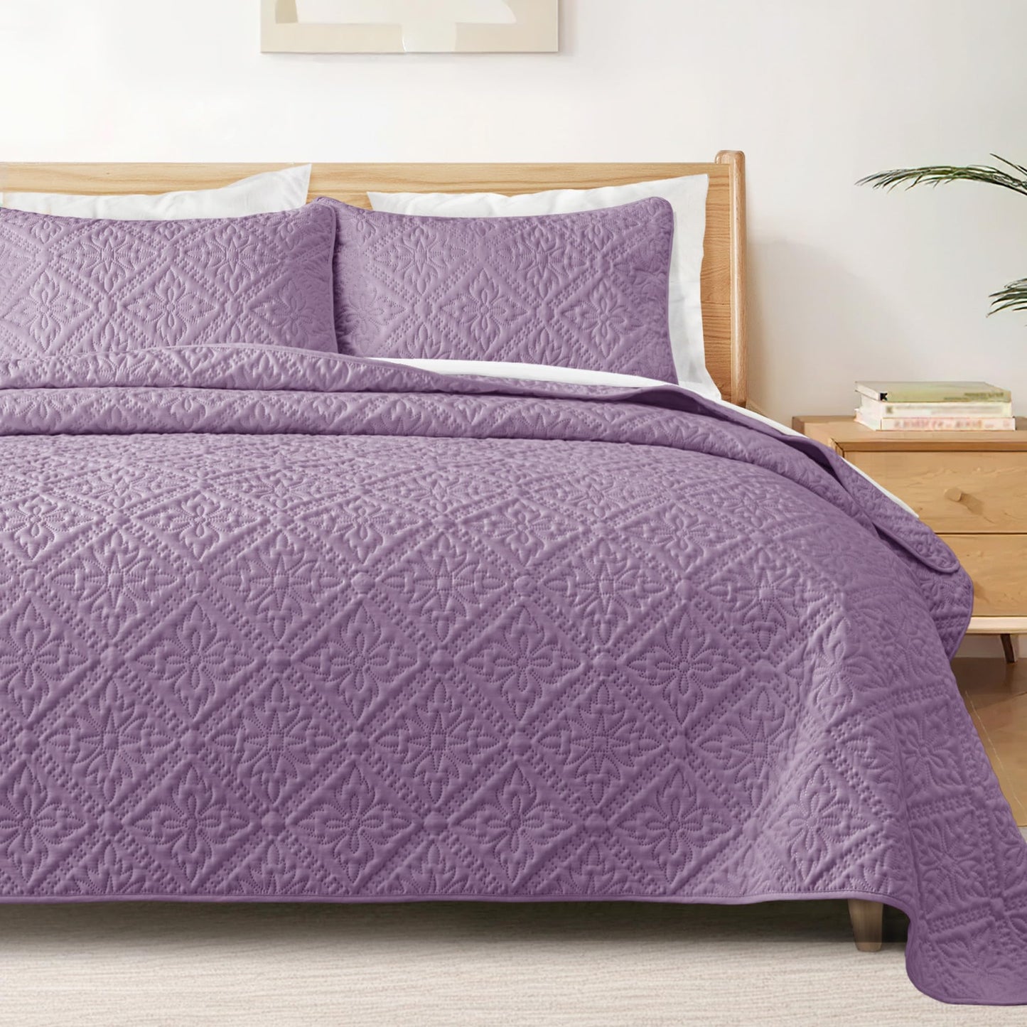 Exclusivo Mezcla King Quilt Bedding Set, Lightweight Soft Bedspreads Coverlets with 2 Pillow Shams, Modern Dusty Lavender Oversized Quilts King Size for All Seasons