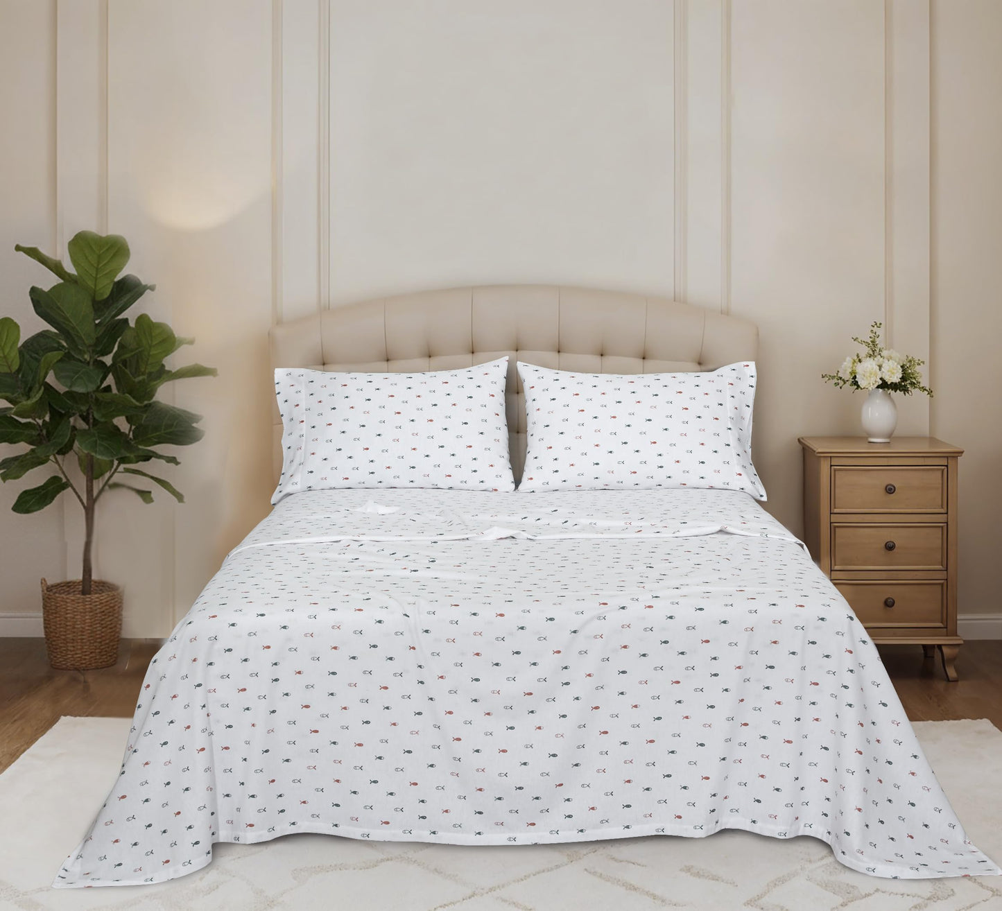 RUVANTI Flannel Sheets Queen Size - 100% Cotton Double Brushed Bed Sheets, Deep Pockets 16 Inches Queen Sheet Set, All Seasons Breathable & Extra Soft - Warm & Cozy, 4 Piece, Little Swimmers