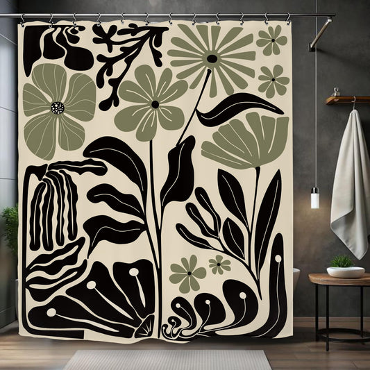 Kalmico Abstract Black Sage Green Matisse Flower Shower Curtain 60Wx72L Inch Retro Vintage Aesthetic Minimalist Groovy Art 70s Trendy Modern Bathroom Set Accessories Decor with 12 Pack Hooks
