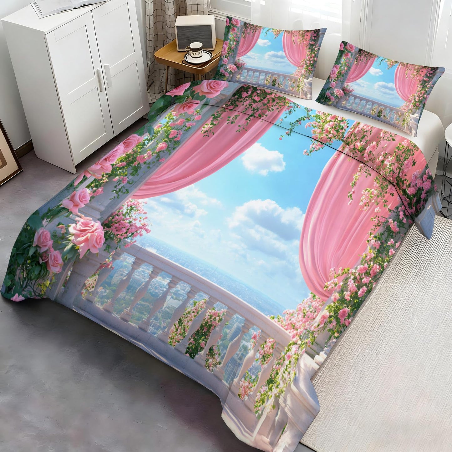 GKPLY Pink Rose Comforters Queen Size, Romantic Floral Bedding Duvet Cover, Elegant Garden Duvet Cover with 2 Pillowcases, 3 Pieces, Reversible Dreamy Balcony Bedding with Zipper