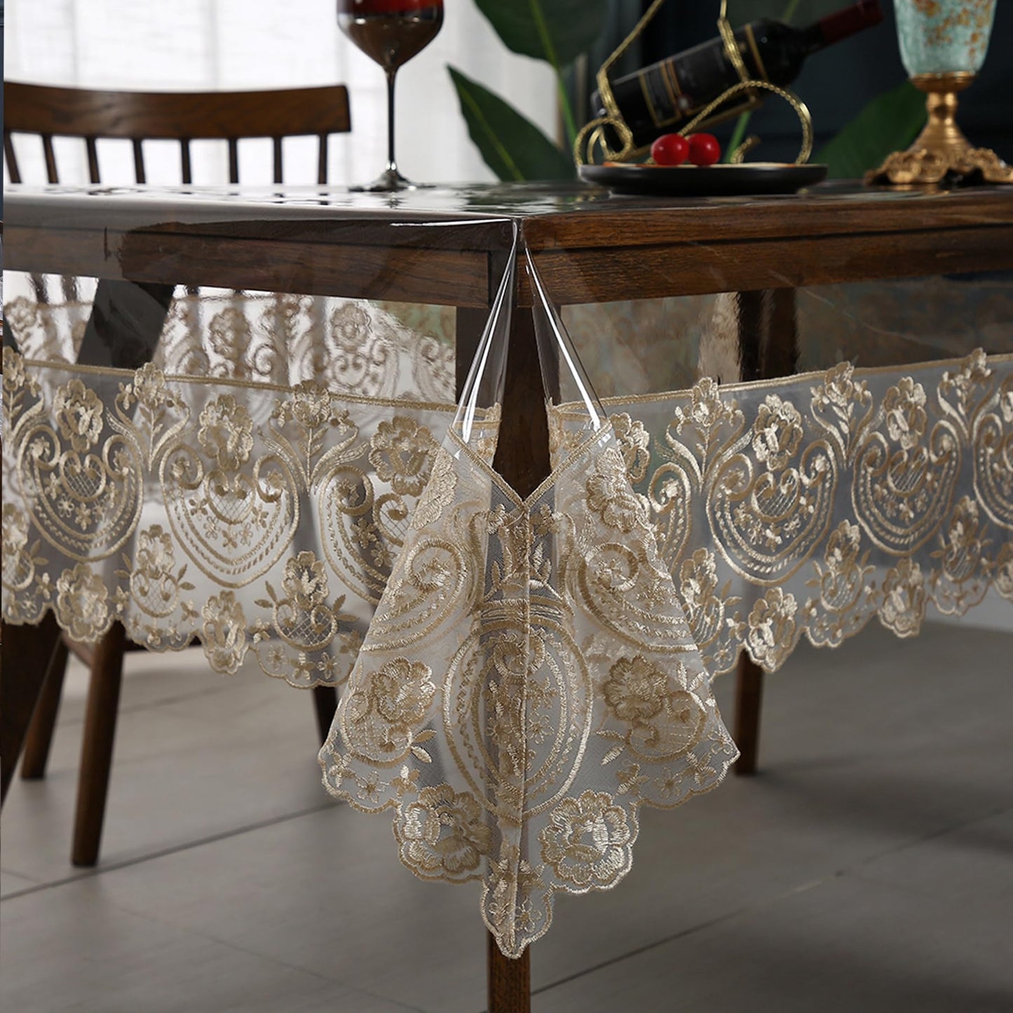 Jusmate Clear Vinyl Tablecloth Protector Transparent PVC Lace Border Plastic Waterproof Oil-Proof Rectangle Table Cover for Kitchen Home Dining Holiday Decoration (Beige, 60 x 84 Inch)