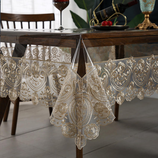 Jusmate Clear Vinyl Tablecloth Protector Transparent PVC Lace Border Plastic Waterproof Oil-Proof Rectangle Table Cover for Kitchen Home Dining Holiday Decoration (Beige, 60 x 84 Inch)