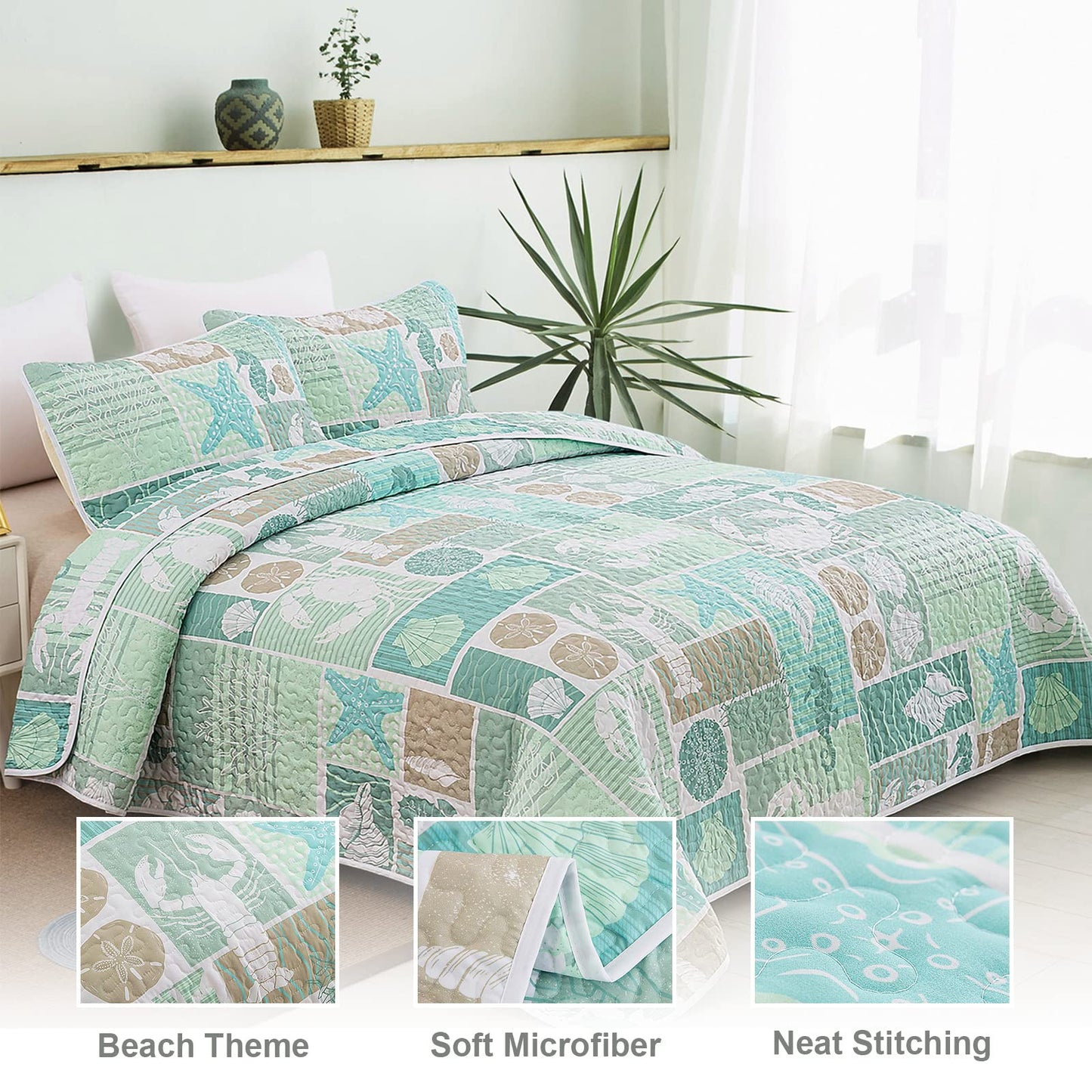 DJY Green Quilt Set Queen Coastal Beach Theme Quilt Coverlet Set Soft Microfiber Reversible Bedspread with 2 Pillow Sham 3 Pieces Coastal Bedding Quilt for All Season 90"x96"