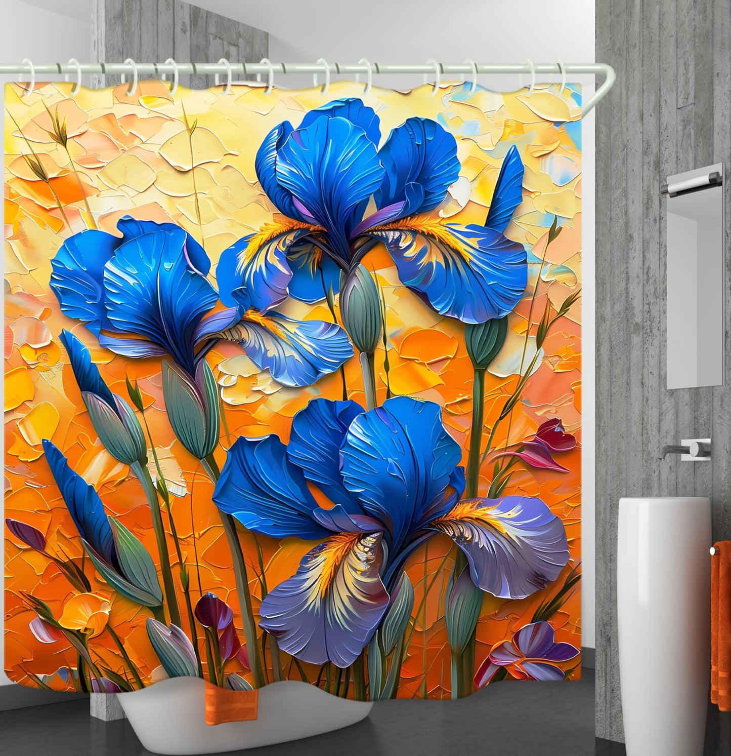 LYFANS Bathroom Shower Curtains Brings a Pleasant Mood to Bathing, with a Unique Artistic Waterproof Oil Painting Blue Flower Shower Curtain (72x79 Inches) Equipped with 12 Hooks.