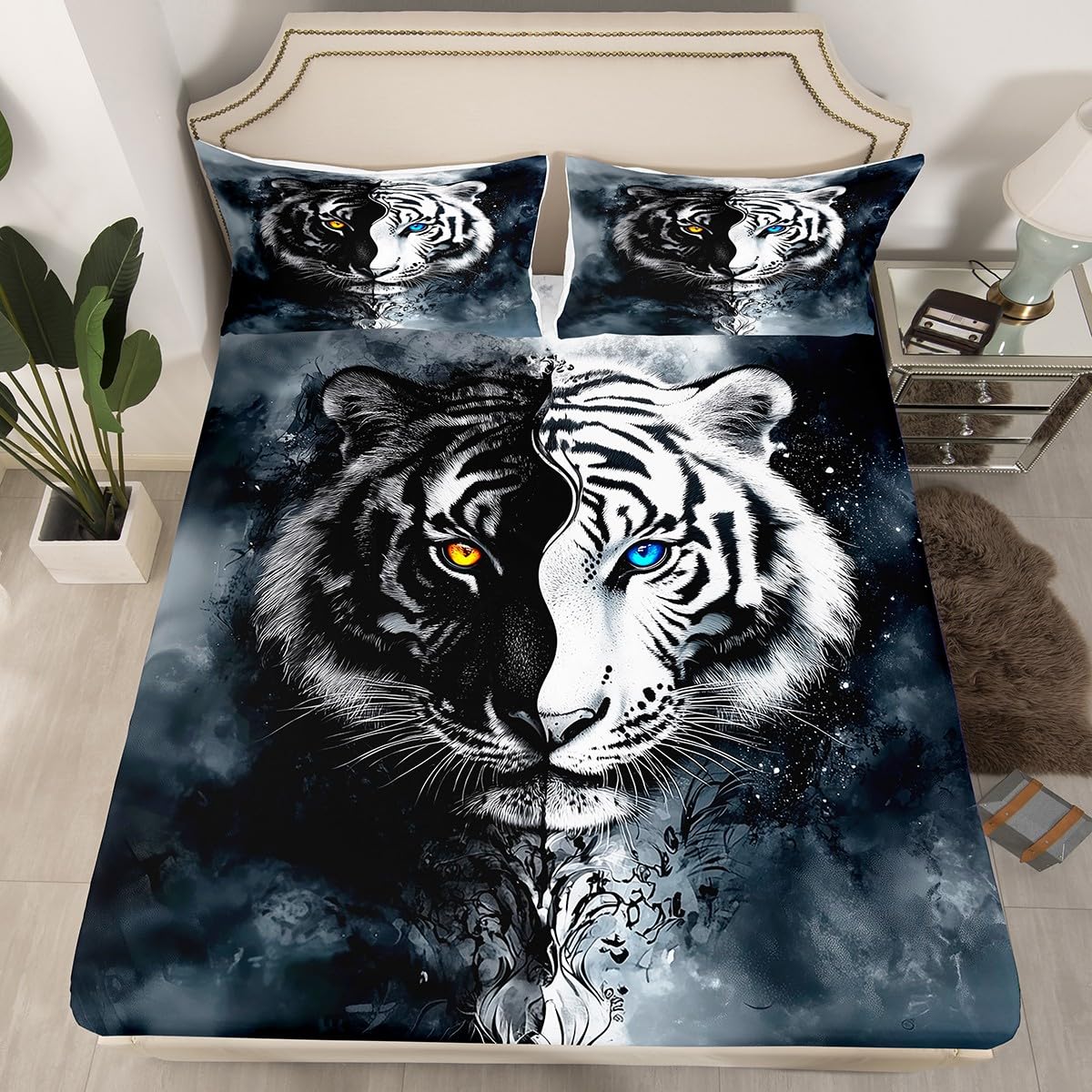 Erosebridal Boys Tiger Bedding Set Twin Size, African Safari Animal Bed Sheets Set Exotic Wildlife Flat Fitted Sheet Black White Soft Microfiber Bed Set for Adult Teens Youth Men Bedroom Decor