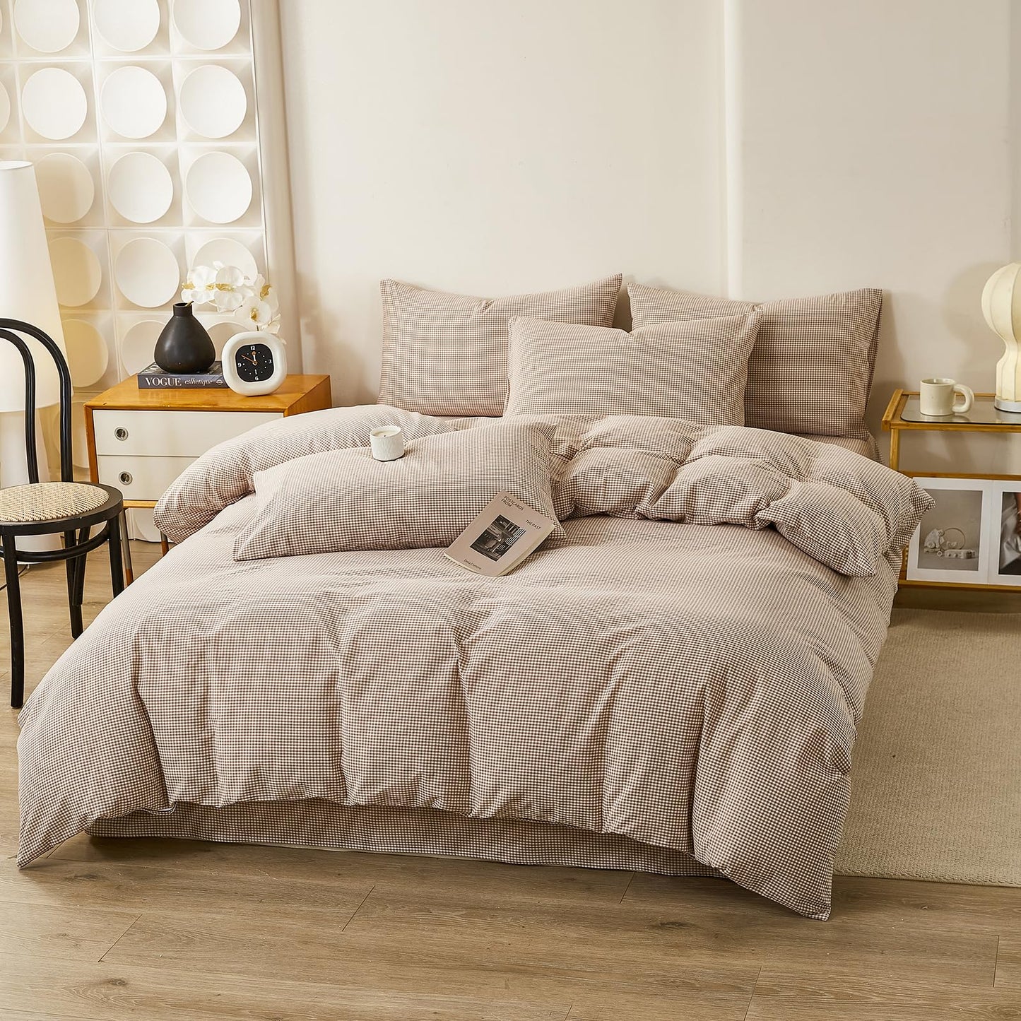 VM VOUGEMARKET Tan Paid Duvet Cover Queen 100% Washed Cotton Like Linen Bedding Set Soft Breathable 3 Piece Mini Gingham Checkered Comforter Cover Set (Queen 90"x90", Comforter Not Included)