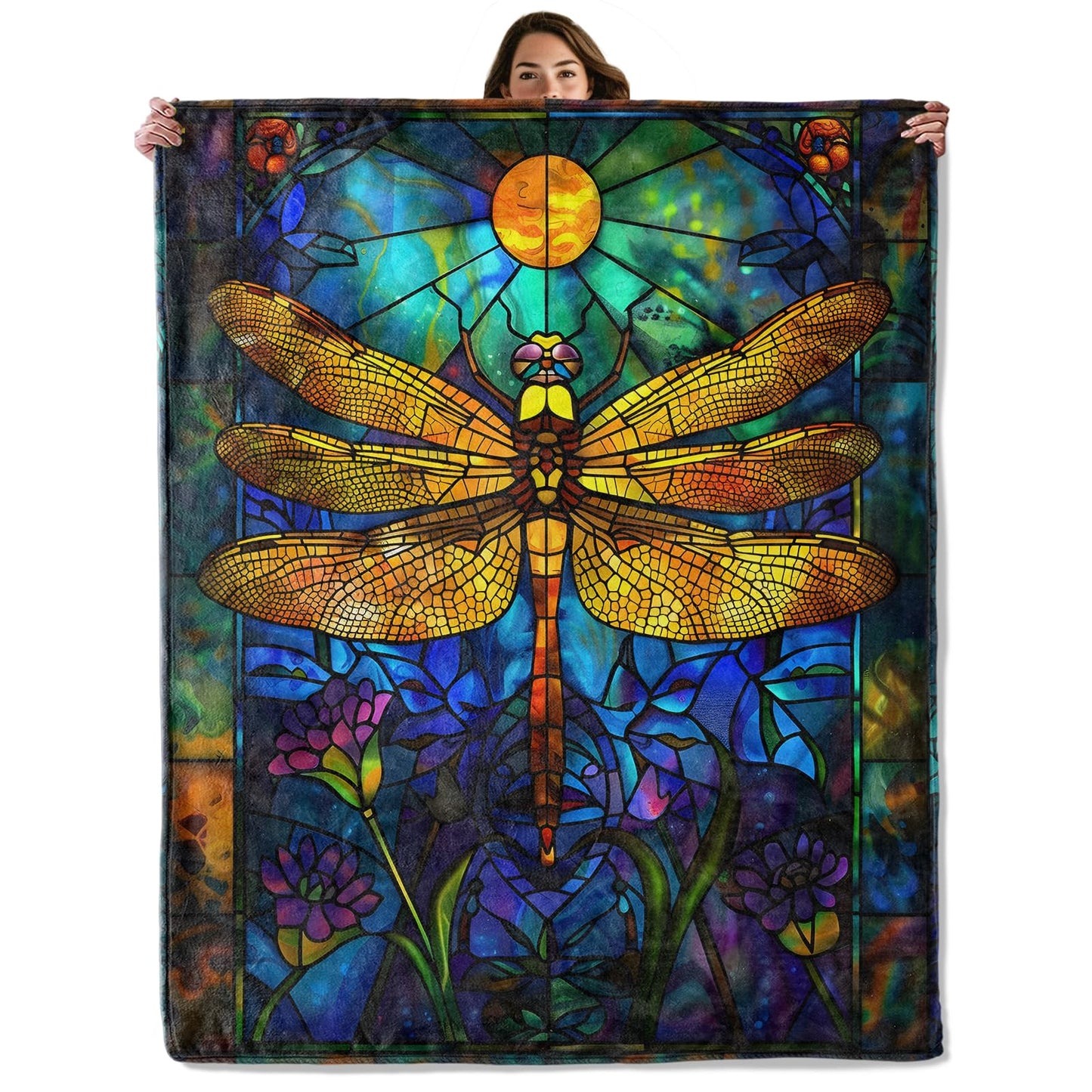 Stained Glass Dragonfly Throw Blanket for Boys Girls Kids Adults Women, Fuzzy Warm Soft Cozy Flannel Blankets Gifts for Bedroom, Couch, Travel, Home Decor 50x60 in