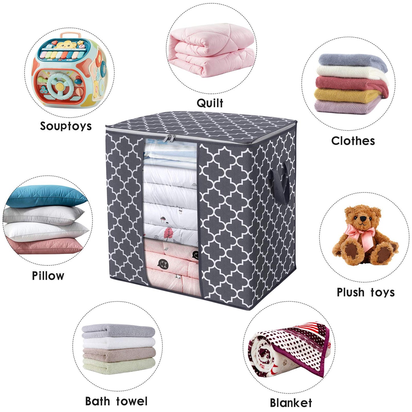 WISELIFE Storage Bags 3 Pack/100L Large Blanket Clothes Organization and Storage Containers for Comforters,Bedding, Foldable Organizer with Reinforced Handle, Clear Window, Sturdy Zippers,Gray