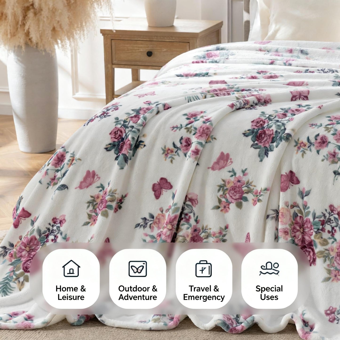 Sushing Printed Micorfiber Fleece Blanket, Heavyweight Warm Plush Blanket, Room Home Decor for Couch Bed Sofa, 70in x 90in, Pink Flowers