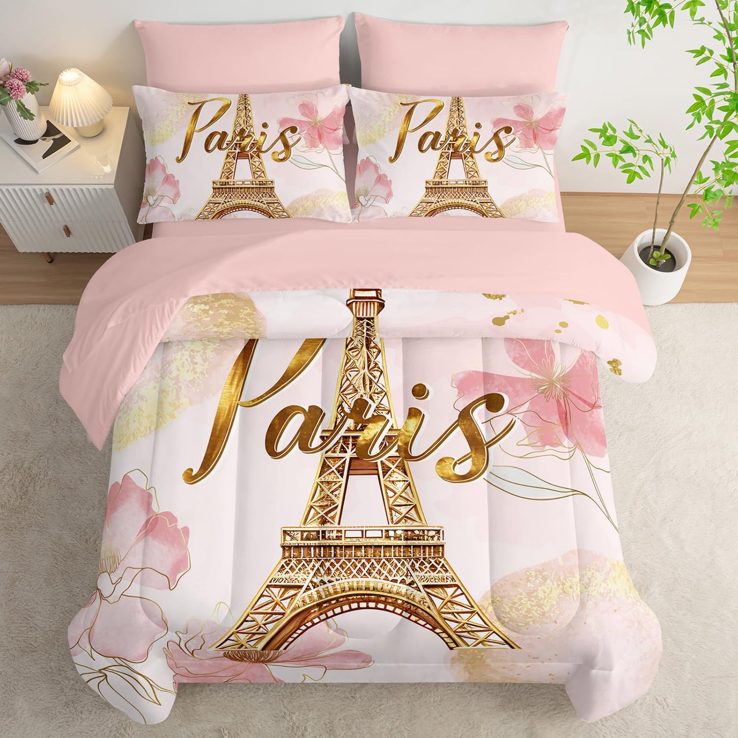 AILONEN Paris Eiffel Tower Comforter Set Full 7-Piece Tie Dye Flower Pink Bed in a Bag for Girls Women,Soft Comforter & Fitted Sheet with Flat Sheet,2 Pillowcases,2 Pillow Shams