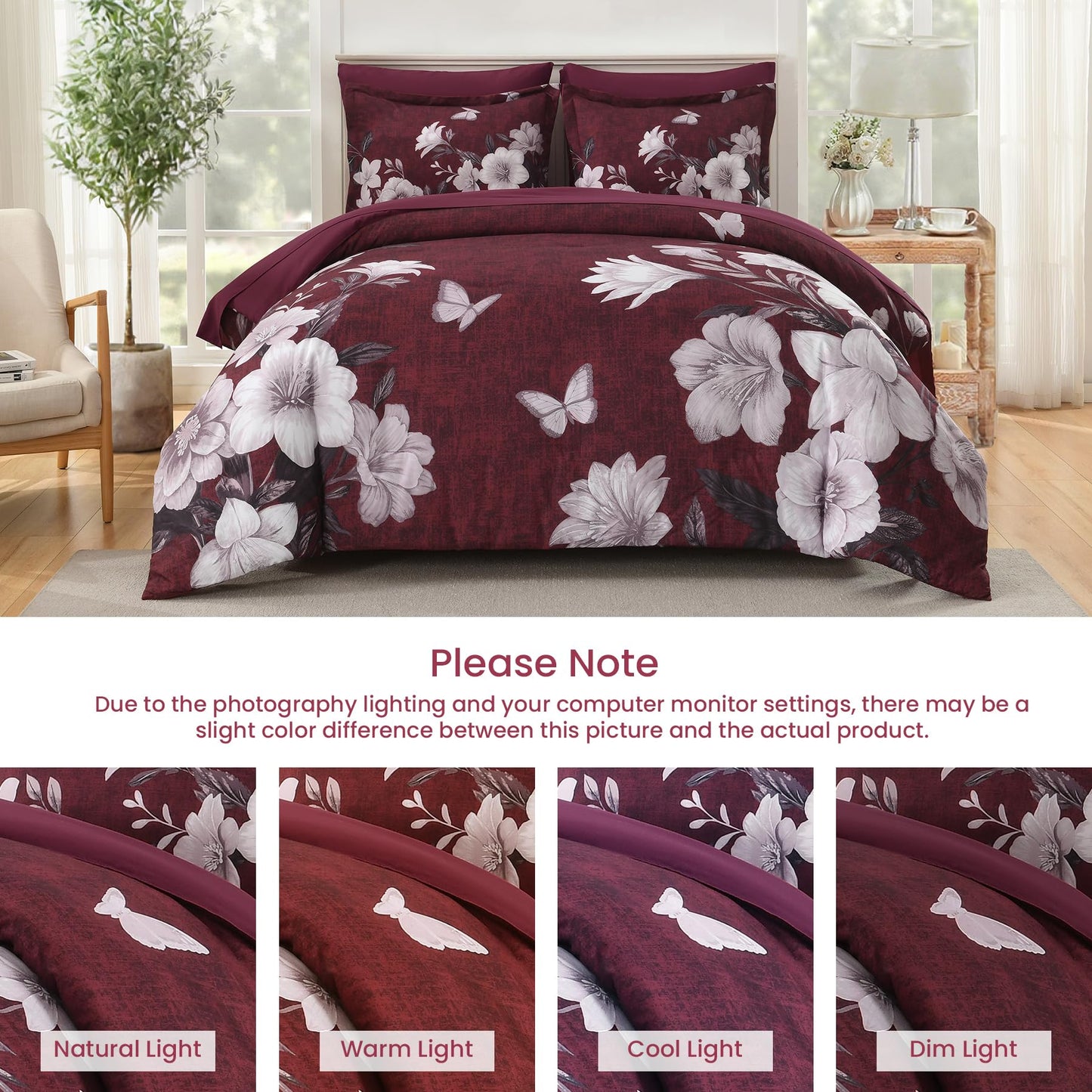 DHSFKBE Floral Comforter Set Queen Size, 7 Pieces Burgundy Bed in a Bag, Elegant Floral Butterfly Comforter and Sheet Set, Soft Microfiber Bedding Set for All Seasons(Burgundy,90"x90")