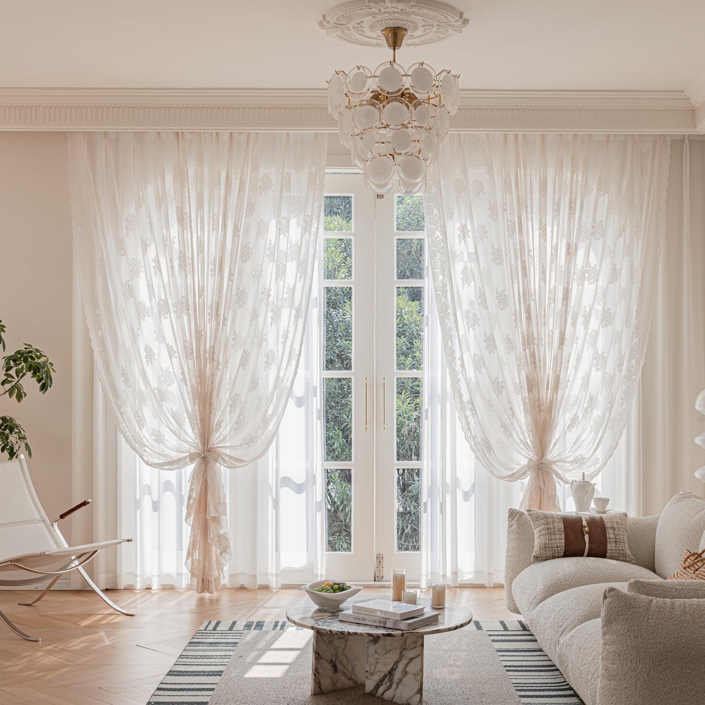 Ivory Lace Curtains 90 Inch Long Vintage Rose with Scalloped Edges Semi Sheer Privacy Curtain Drapes for Living Room, Bedroom Cream Lace Window Curtains with Rod Pocket, 57"W x 90"L, 3 Panels