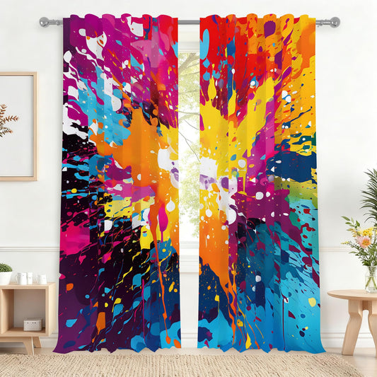 Renaiss 42 x 84 Inch Rainbow Colored Splash Bedroom Curtains Colorful Paint Splatter Rod Pocket Window Decor Light Filter Curtains for Living Dining Room Abstract Art Window Drapes Linen 2 Panels